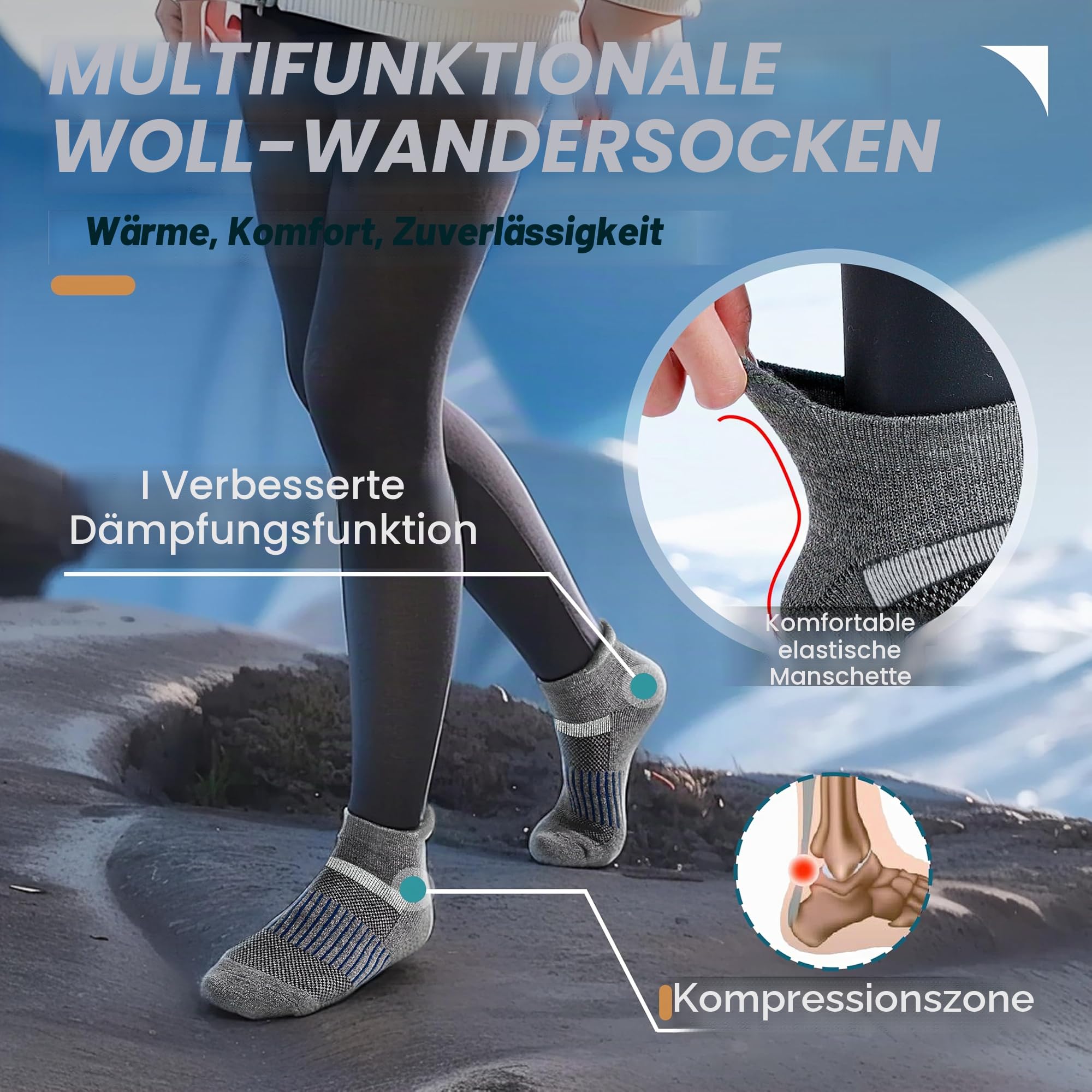 Anlisim Merino Wandersocken Kurz Sneaker Socken, Dicke Wollsocken, Warme Wolle Laufsocken, Kompressions Sportsocken Thermosocken Geschenke Wintersocken für Herren Damen, 6 Paar (Grau,M)