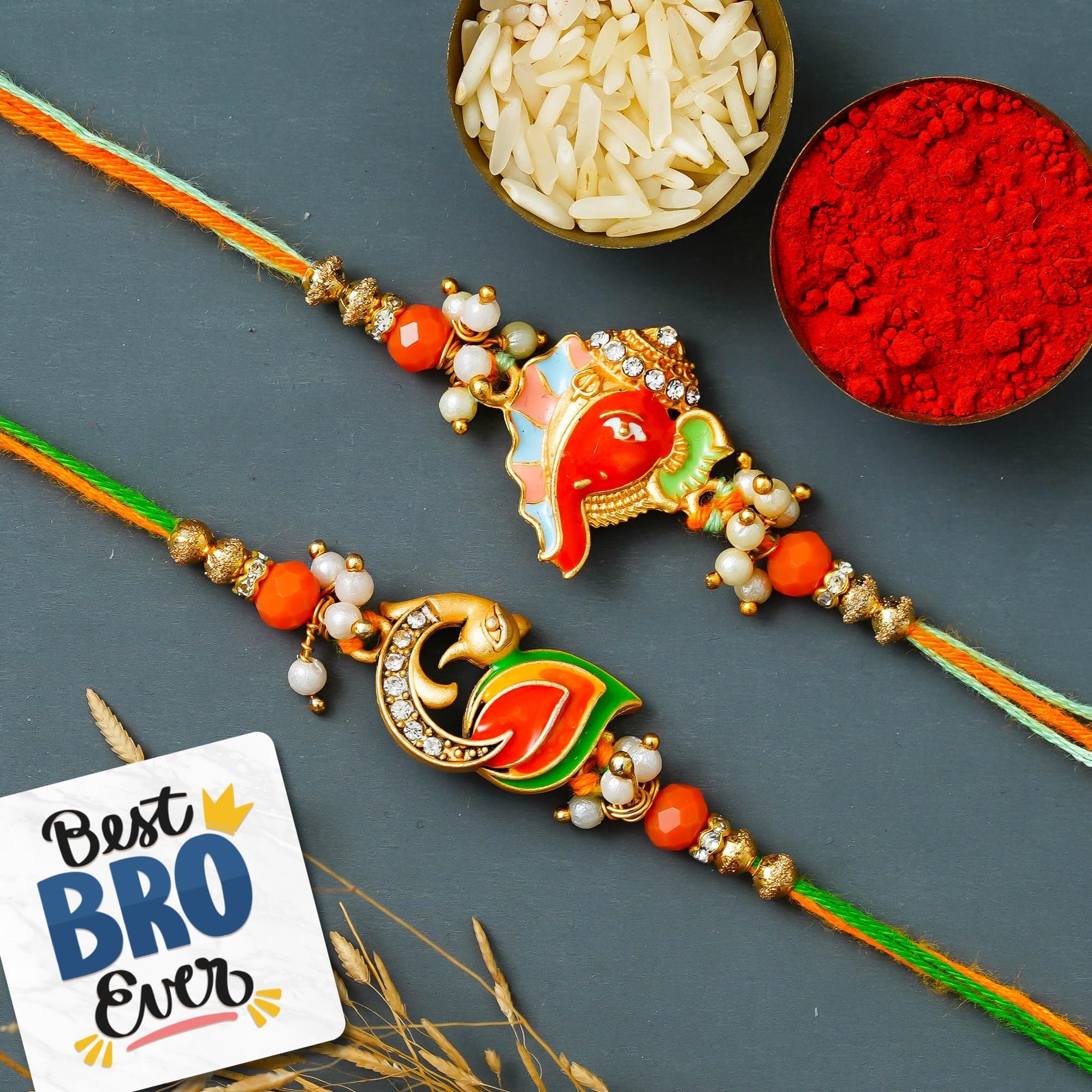 eCraftIndia Set of 2 Rakhi for Brother Kids | Peacock Ganesha Rakhi Set | Designer Rakhis | Best Bro Ever Fridge Magnet | Roli Chawal Pack