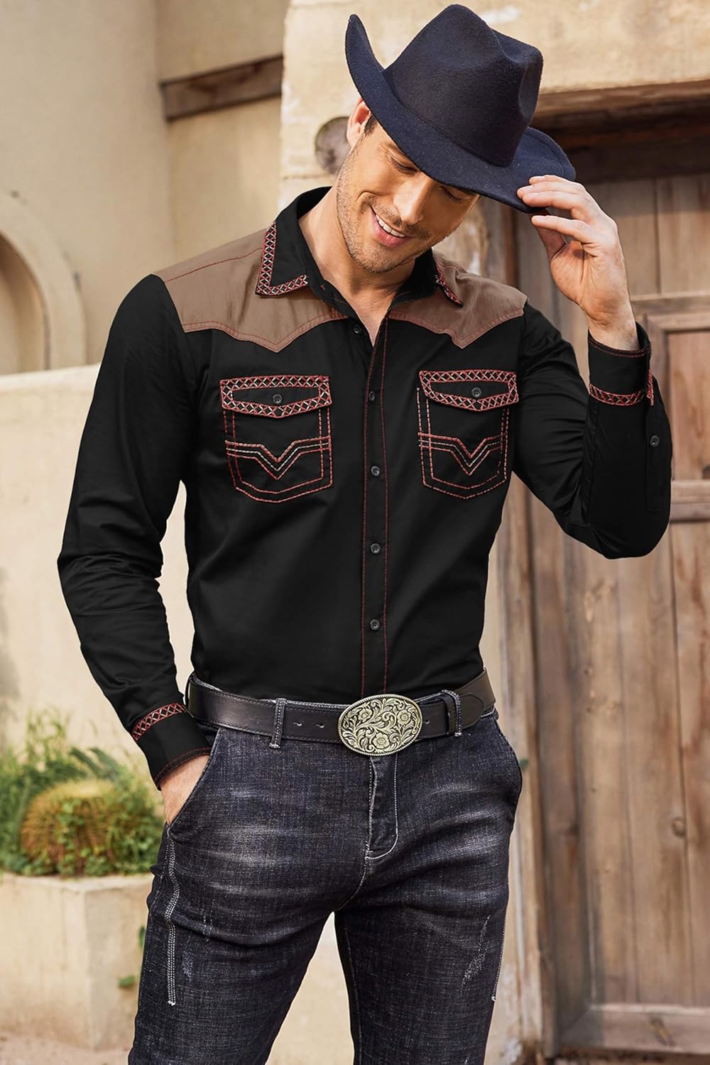 COOFANDY Men's Western Cowboy Shirt Embroidered Long Sleeve Slim Fit Casual Cotton Button Down Hippie Shirts with Pockets - Image 2