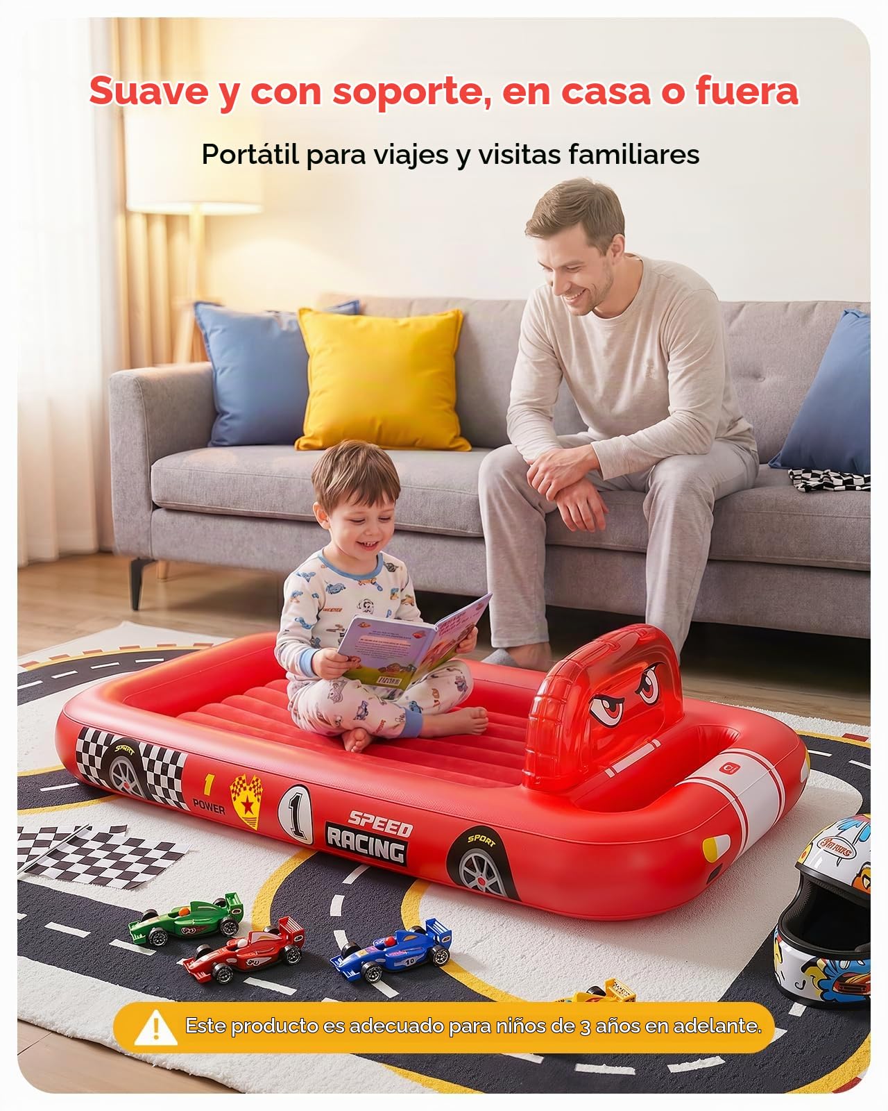 QPAU Colchón de aire en forma de coche de carreras para niños con tienda de campaña y bomba, colchón de aire portátil para casa, viajes y camping, a partir de 3 años