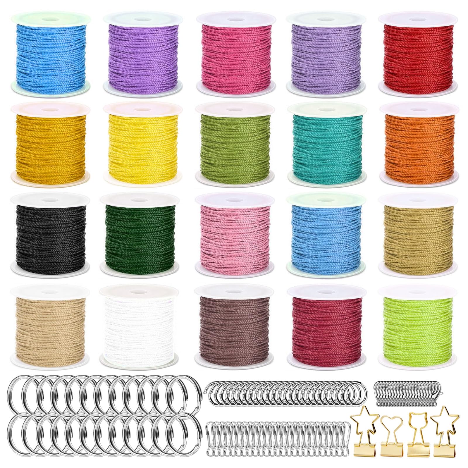 Fesorsi Wax Thread 20 Colors, 20 Rolls 1mm Bracelet Cord, String for Bracelet Making 500 Yard, Waterproof Not Fading, Comes with 100 Keychains and 4 Clips, for DIY Necklace