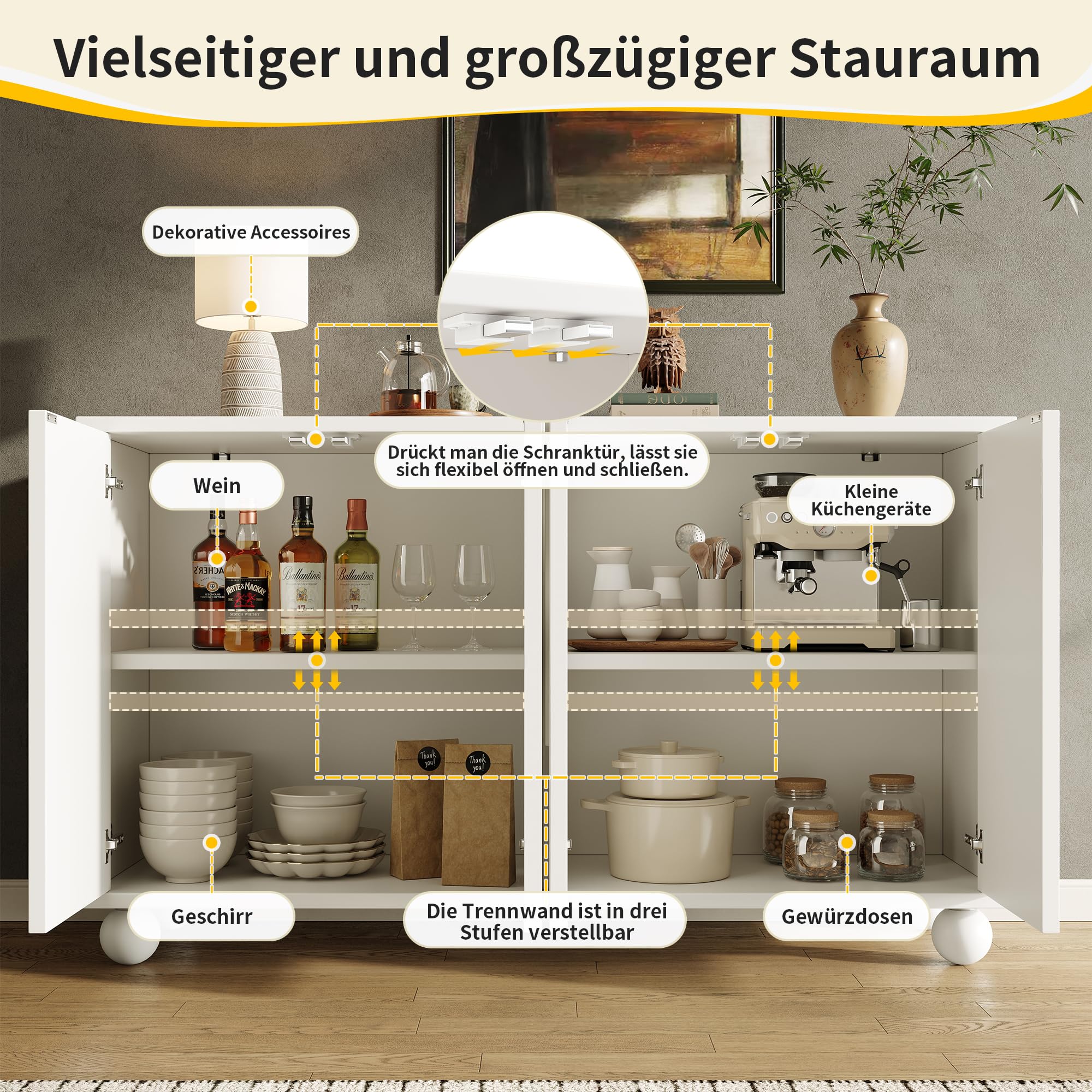 Merax Sideboard 120cm, Küchenschrank mit 4 Türen, Moderner Küchenkommode, Buffetschrank mit verstellbare Ablage, Designtüren, Kippsicher, Holz Aufbewahrungsschrank für Küche Wohnzimmer Esszimmer, Weiß