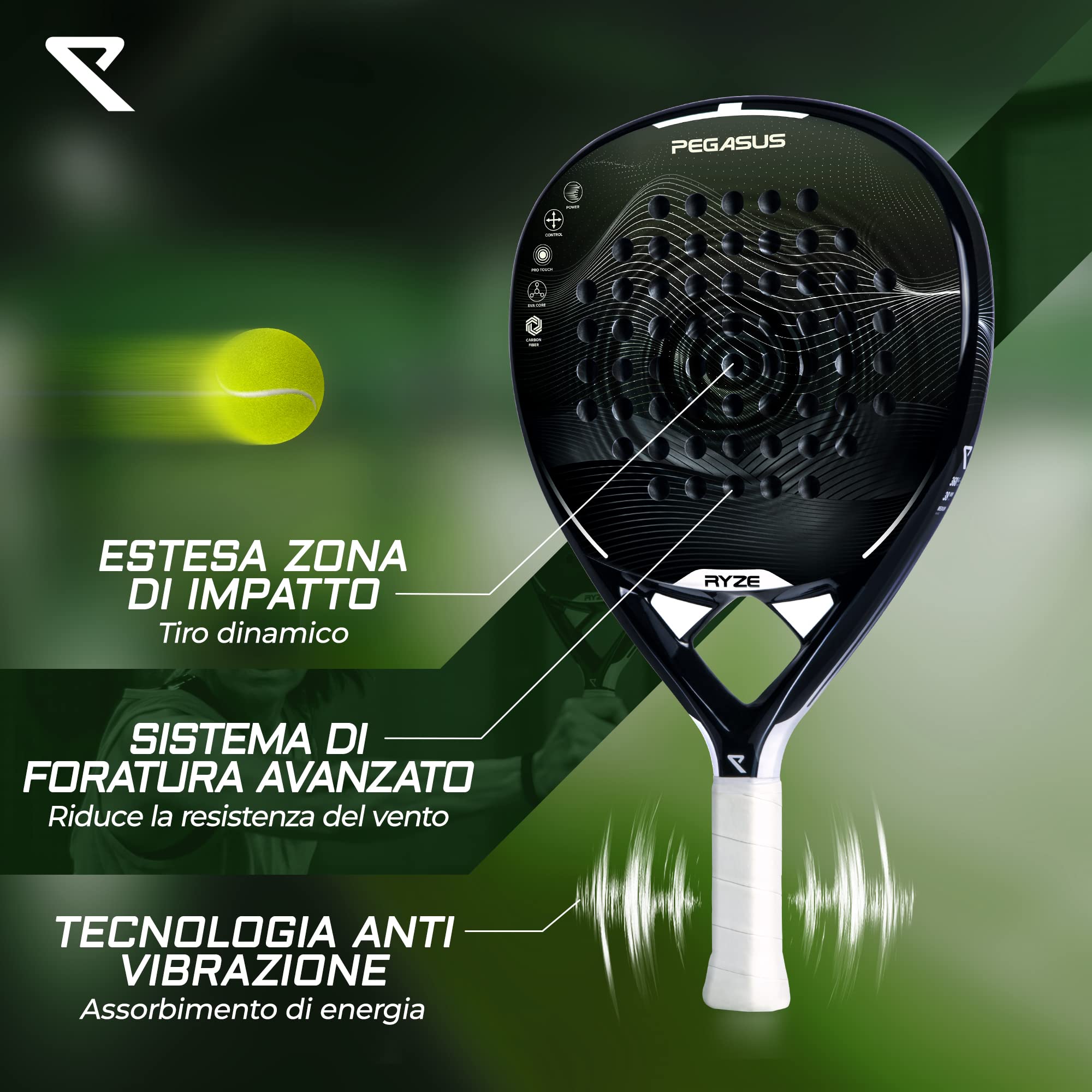 RYZE Racchetta da Padel 100% in Fibra di Carbonio - Massima Potenza + Controllo - con EVA-17 Flex - Struttura Leggera e Resistente - Padel Racchetta per Uomo e Donna - Custodia Inclusa