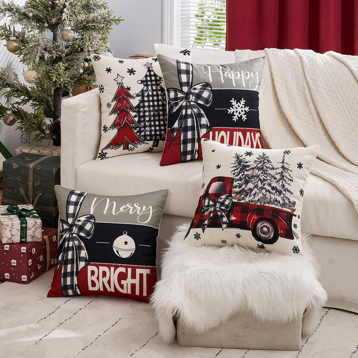 MIULEE Set of 4 Holiday Black and Red Decorative Pillow Covers 18x18 inch Happy Christmas Tree Throw Pillow Cases Winter Seasonal Cushion Cases Home Decors for Sofa Couch Bedroom - Image 5