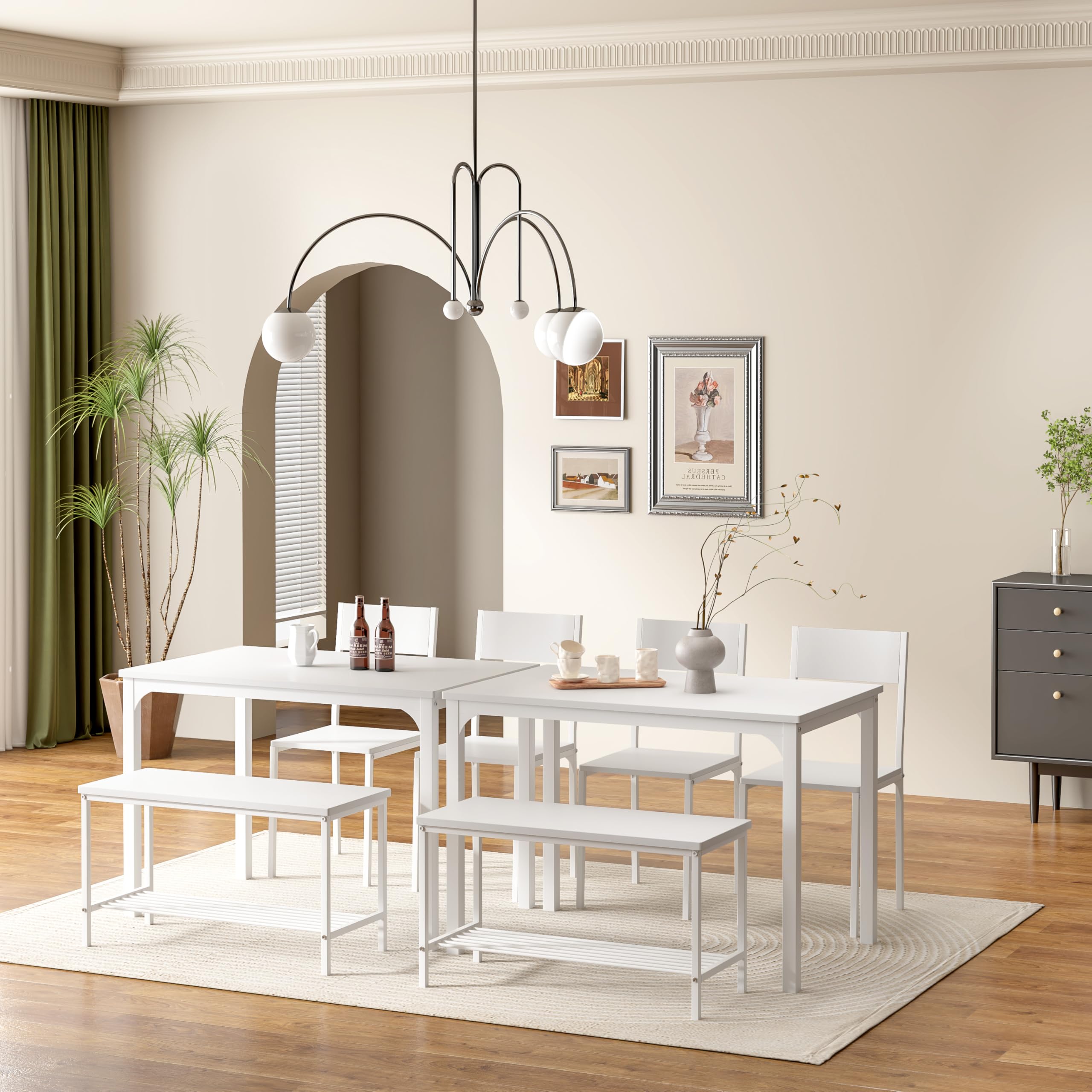 Juego de mesa de comedor de cocina de 43.3 pulgadas, juego de 2 sillas para 4 personas con banco, juego de mesa de ahorro de espacio para apartamento, restaurante, cafetería, color blanco 7