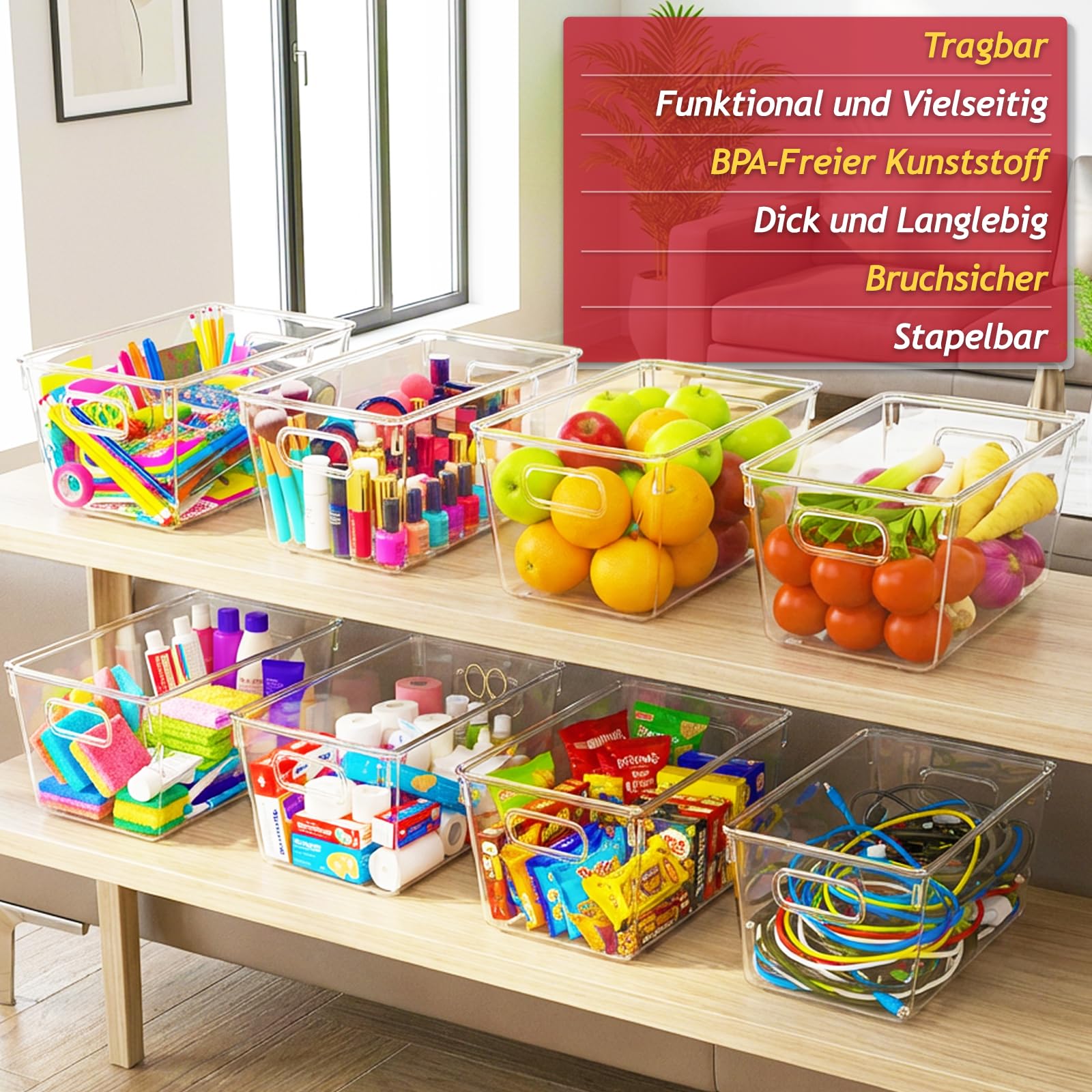 Spares2go Stapelbare Aufbewahrungsbehälter Organizer Box Tabletts mit Deckel Klar Kühlschrank Lebensmittel Getränke Speisekammer Schrank Haushalt Aufbewahrung Schubladen Set (8 Stück)
