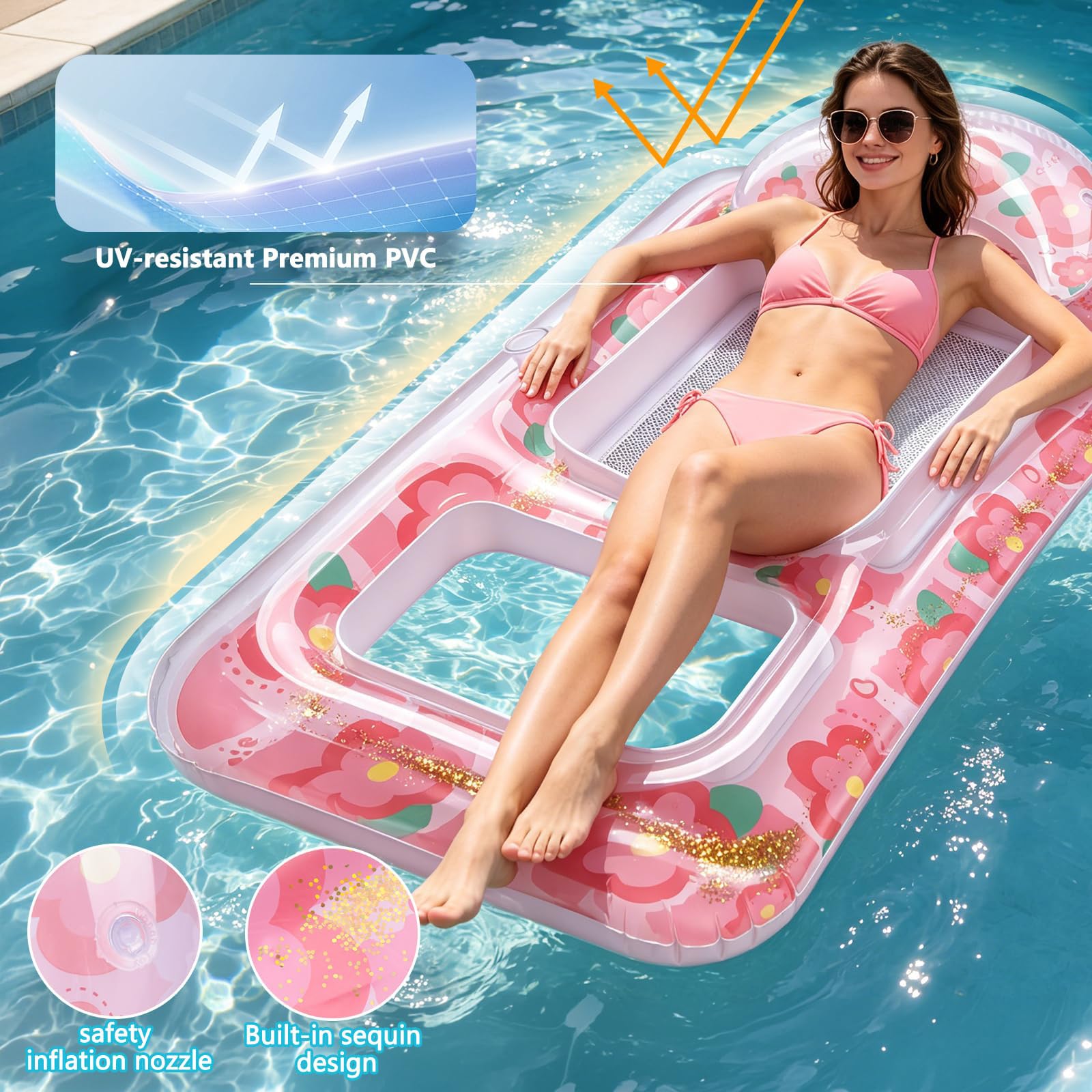 Materassino Mare in PVC Galleggiante Gonfiabile Piscina con Parasole Disponibile in Una varietà di Colori con Schienale e portabicchiere Accessori Piscina per Piscina e Spiaggia