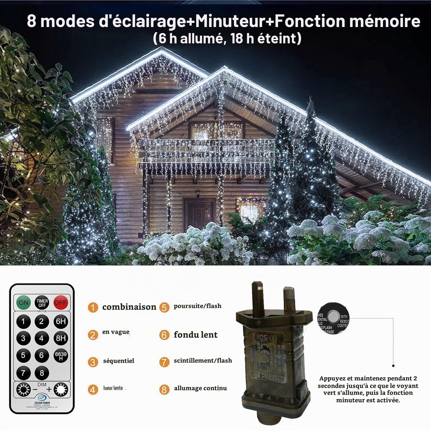 20M Icicle Lights Rideau de Noël extérieur Guirlandes lumineuses alimentées par le secteur Lumières de glace extérieures avec 108 gouttes pour décorations de Noël Gazebo d'intérieur, Blanc