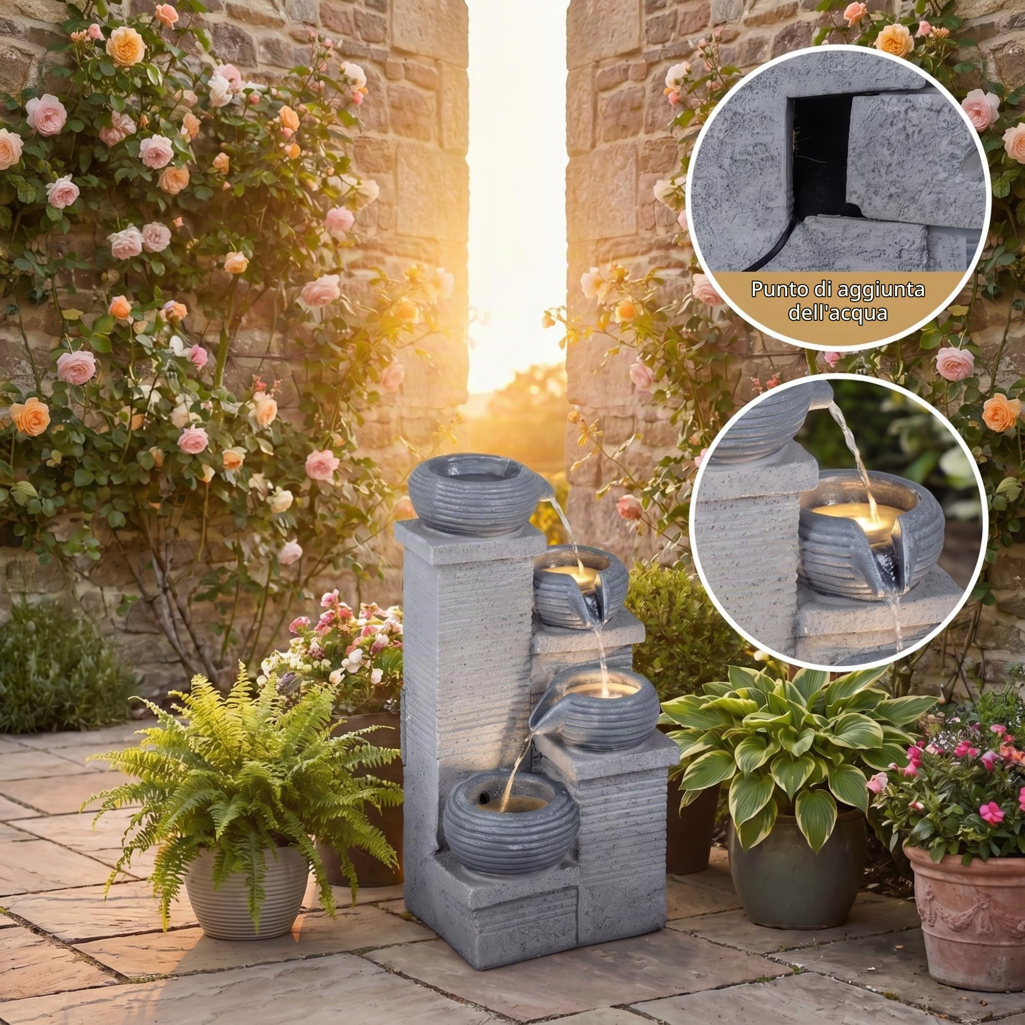 HOMASIS Fontana da Giardino a 4 Livelli, 58 cm Fontanella Decorativa con 3 Luci LED Bianco Caldo e Pompa, Velocità dell'Acqua Regolabile, Cascata Acqua da Esterno in Resina per Terrazze e Cortile