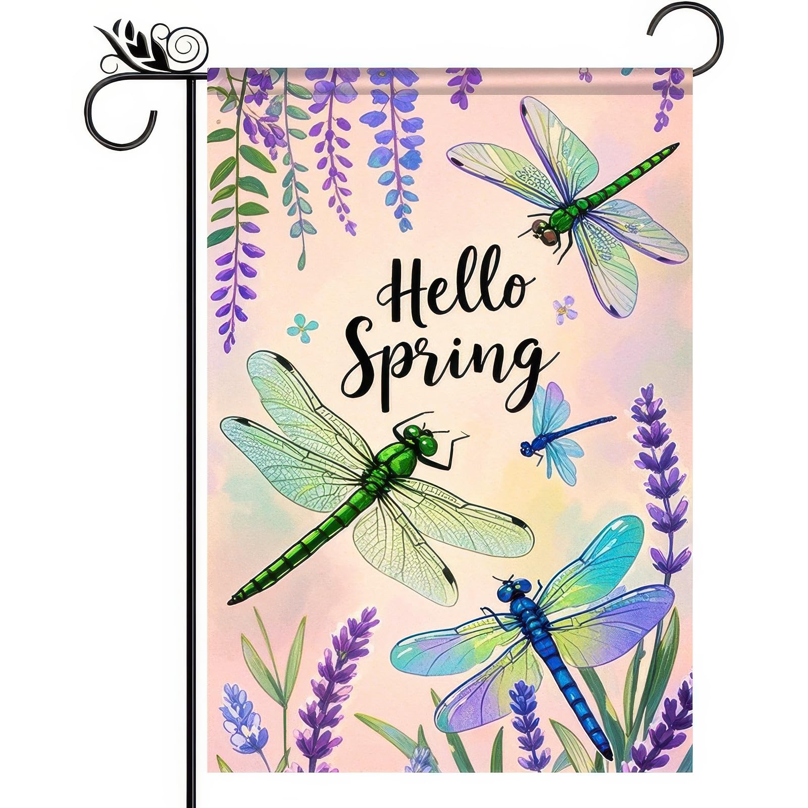BlissYard Spring Garden Flag Spring Decoration 12x18 Inch Hello Spring Backdrop Design with Dragonflies and Lavender Double-Sided Yard Flag Holiday Yard Falg for Outdoor Garden Decor