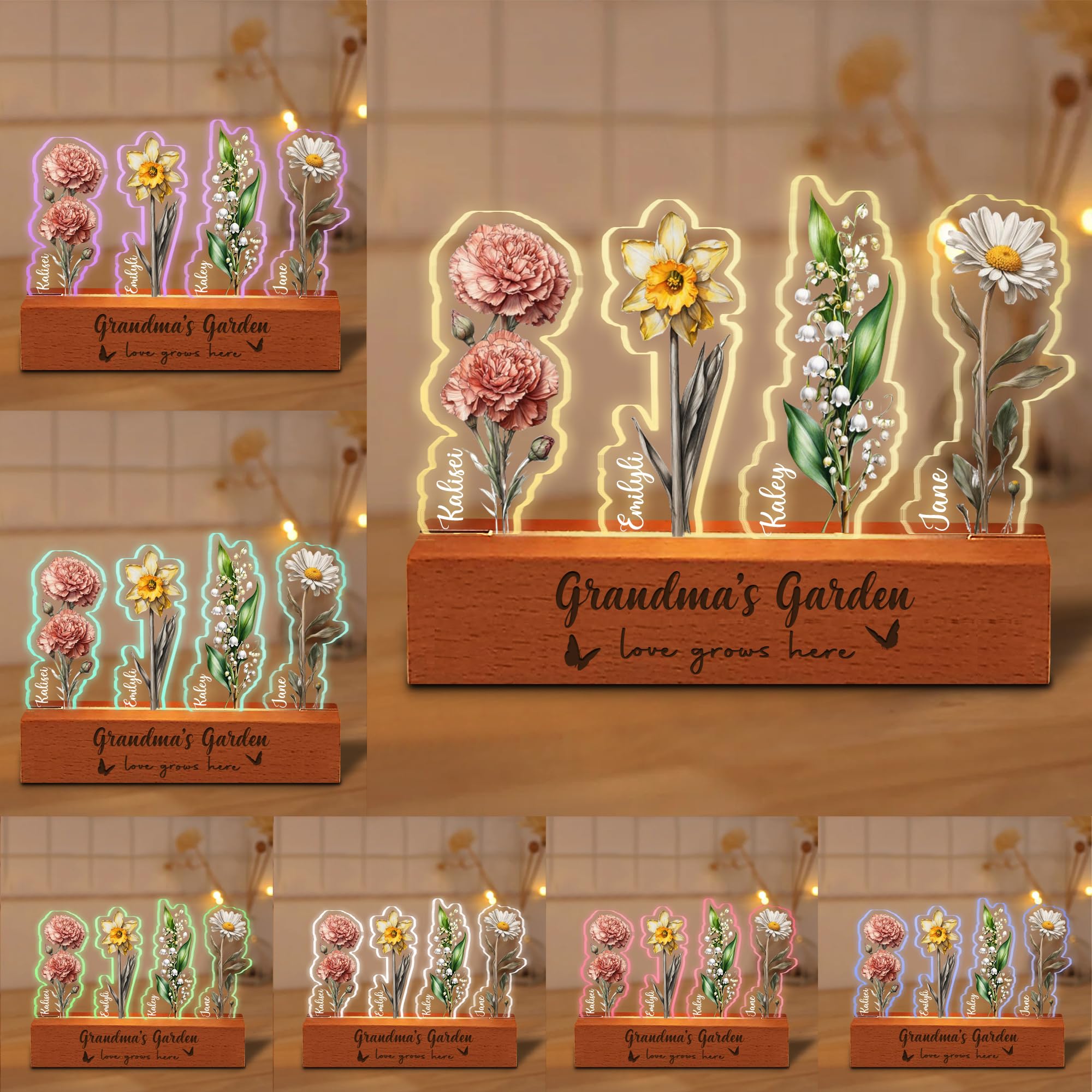 BFHEFGSUU Personalised Grandma's Garden Night Light Custom 1-10 Names Birth Month Flower Lamp Romantic Gifts for Mom Grandma Mother's Day Birthday (Style 4)