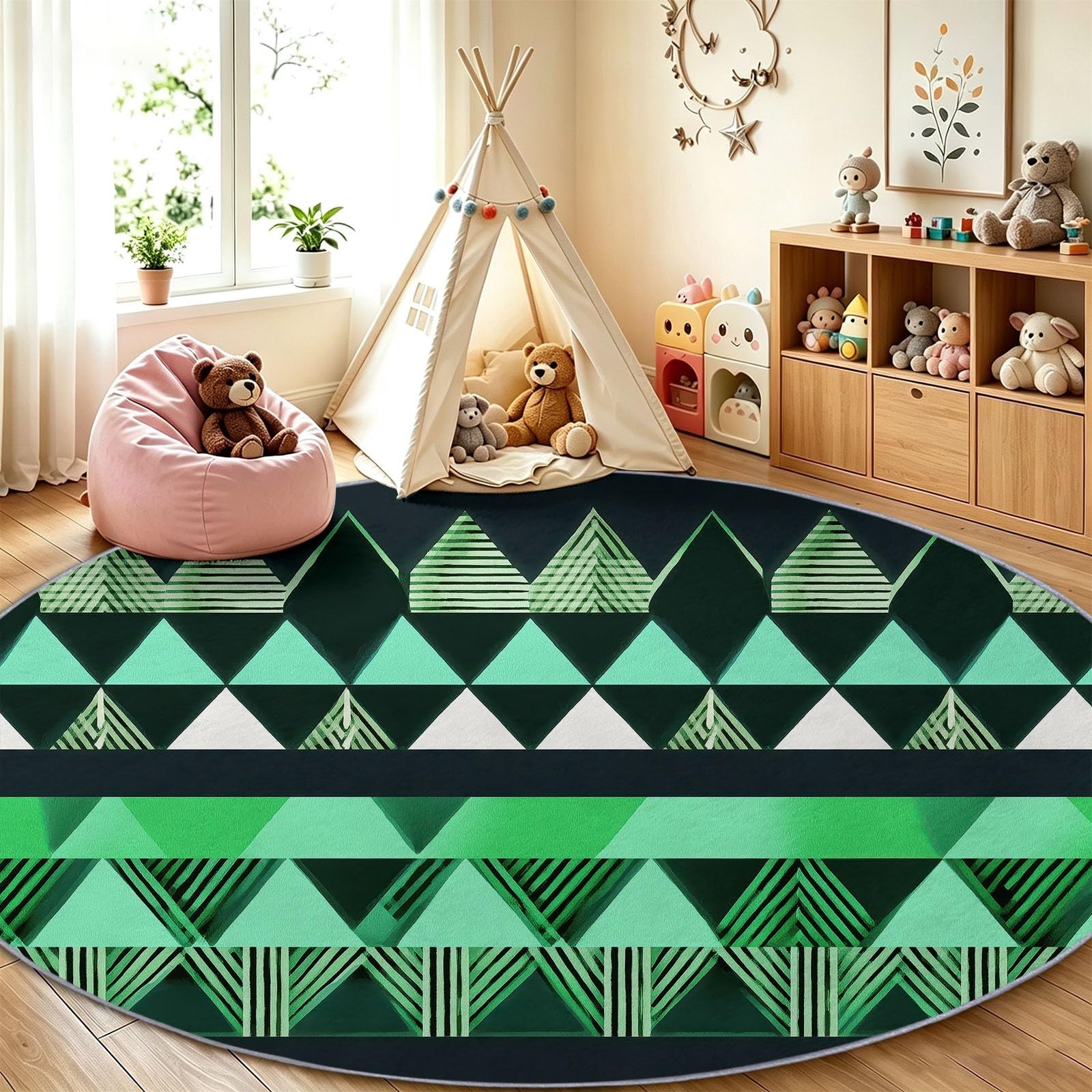 Zielony okrągły dywan do salonu 100 cm, abstrakcyjny geometryczny nadający się do prania w pralce i antypoślizgowy dywan, bardzo miękki trójkątny dywan patchwork kolorowe klocki do sypialni, jadalni