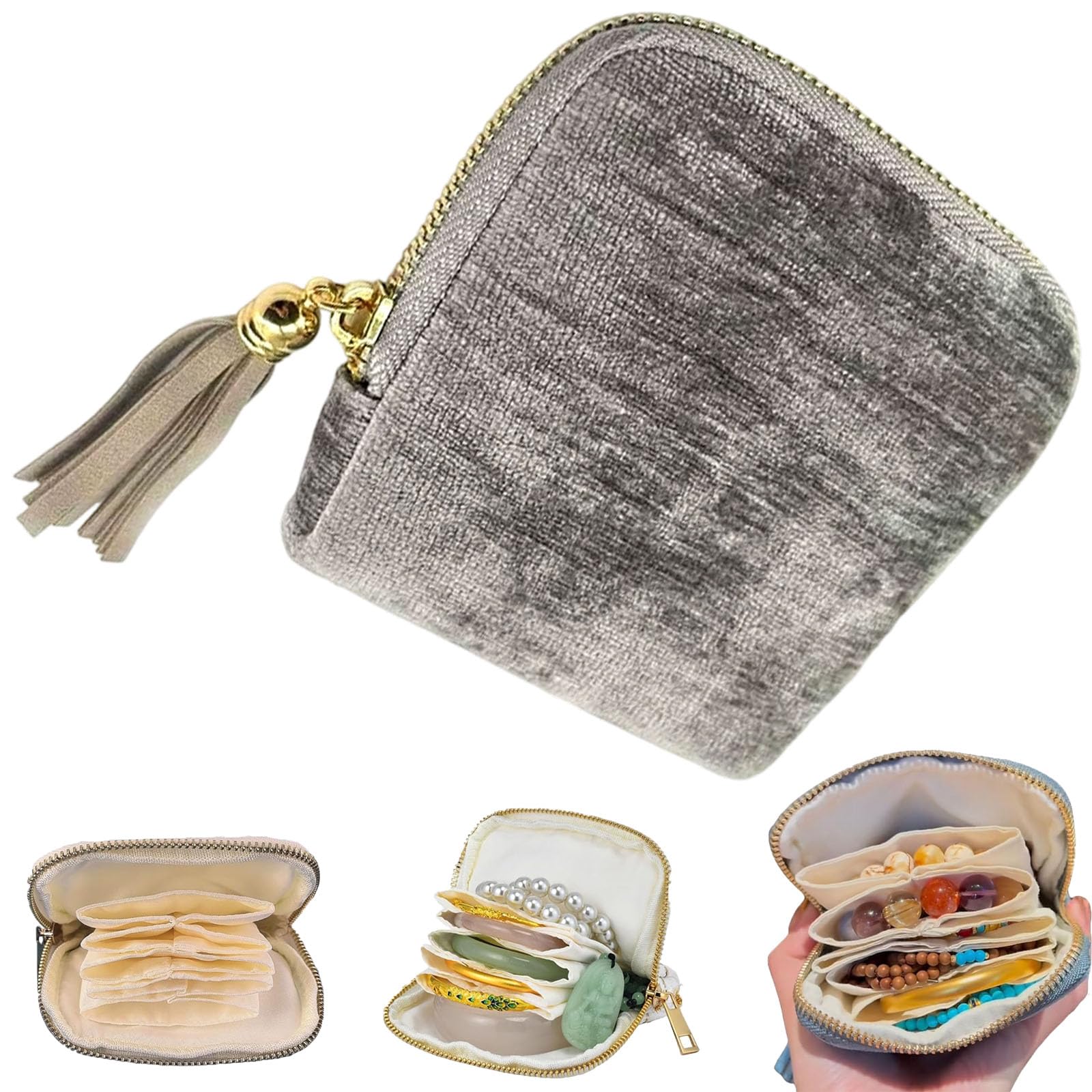 LLELEMAMO Stuffdatas Travel Jewelry Case, Small Soft Velvet Jewelry Travel Organizer Pouch with 5 compartments, Portable Jewelrys Box with Tassel Zipper, for Rings, Bracelets, Necklace (D)