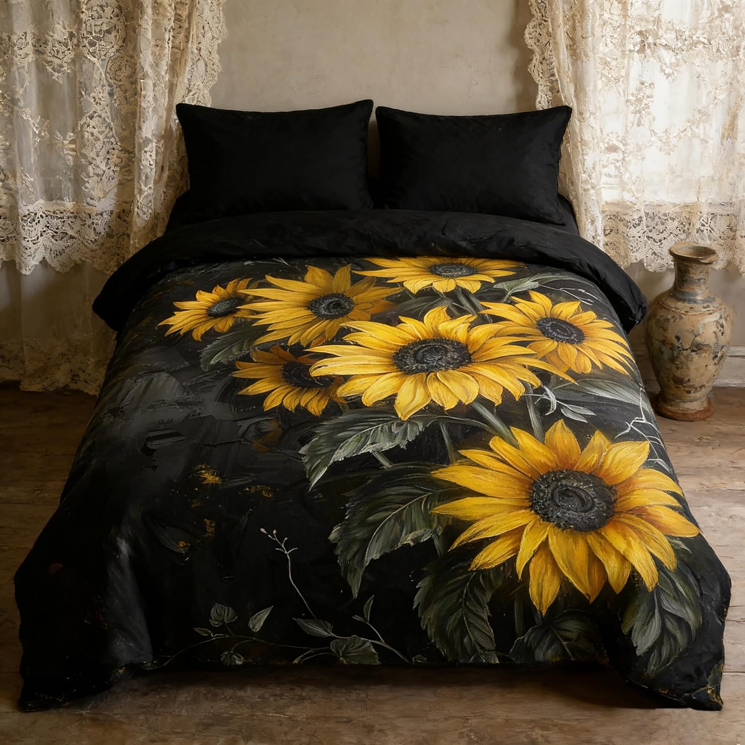 Black Floral Comforter Yellow Sunflower Painting Comforter Set Queen Size Botanical Flowers Bedding for Women Girls Kids Teens Lightweight Summer Bed Set