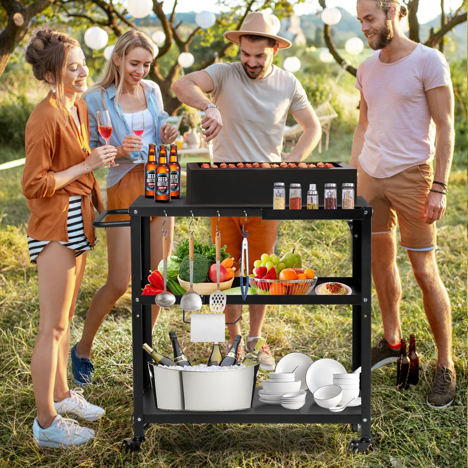 Mesa de carrito de parrilla para exteriores, mesa de horno de pizza para interiores y exteriores, con 4 ruedas móviles de bloqueo total, ganchos, mango lateral multifuncional (negro) 7