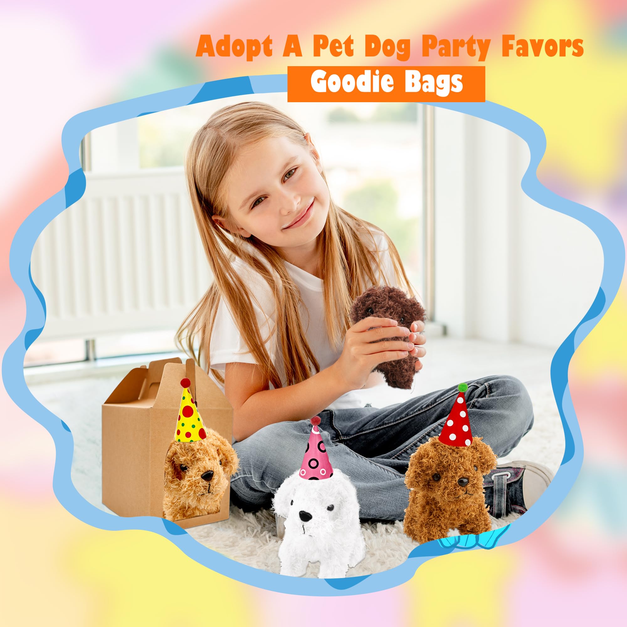 Haconba Juego de 12 recuerdos de fiesta de perro de peluche con 12 mini animales de peluche de peluche, 12 sombreros de cumpleaños y 12 cajas de papel kraft para adoptar una mascota suministros de