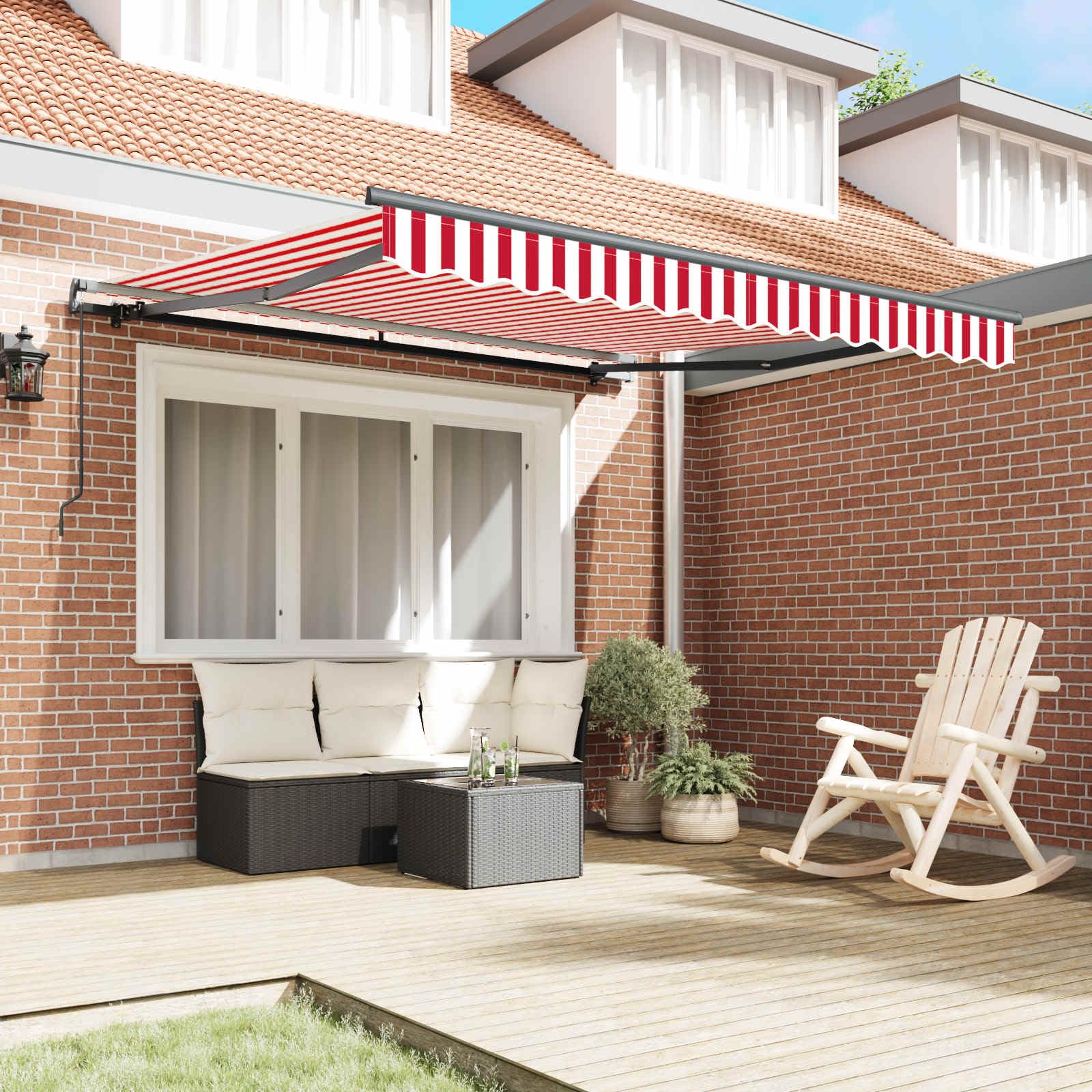 Einziehbares Sonnensegel Markise Rot Weiß 350 x 250 cm Manuell Ausziehbar Robustes Polyester Stahlgestell UV-Beständig Wasserdicht für Terrasse Garten Schattenspender Garden