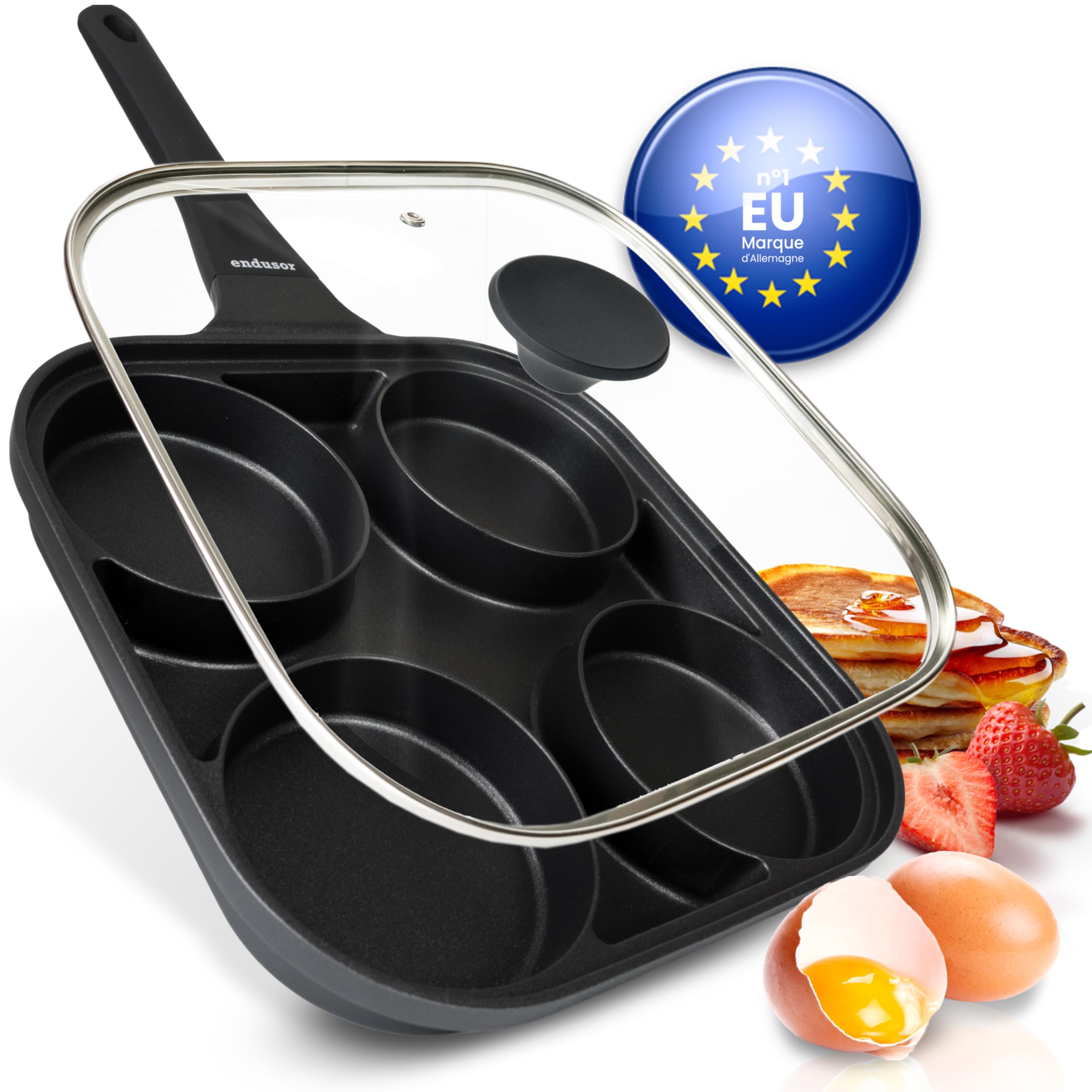 endusor Poele Pancakes et oeuf au plat - Poele de 27 cm adaptée à toute cuisinière + revêtement anti-adhésif & couvercle | Induction Gaz Céramique Électrique Halogène | 4 trous pour oeuf crêpe