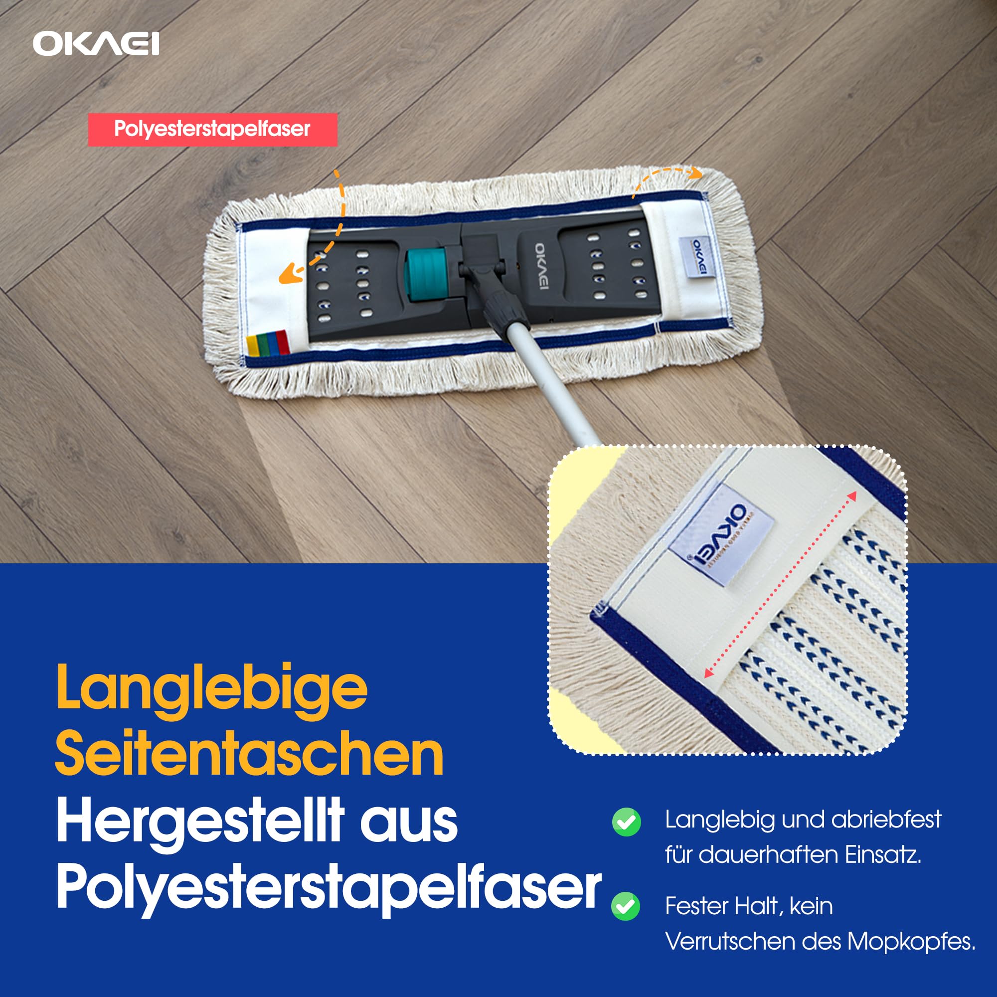 OKAEI Wischmopp Bezüge 50 cm Beige/Weiß/Blau, 10er Set – Mikrofaser-Baumwoll Wischbezug für Bodenwischer – Ersatzbezüge für Klapphalter – Profi-Vorrat mit hoher Schmutzaufnahme