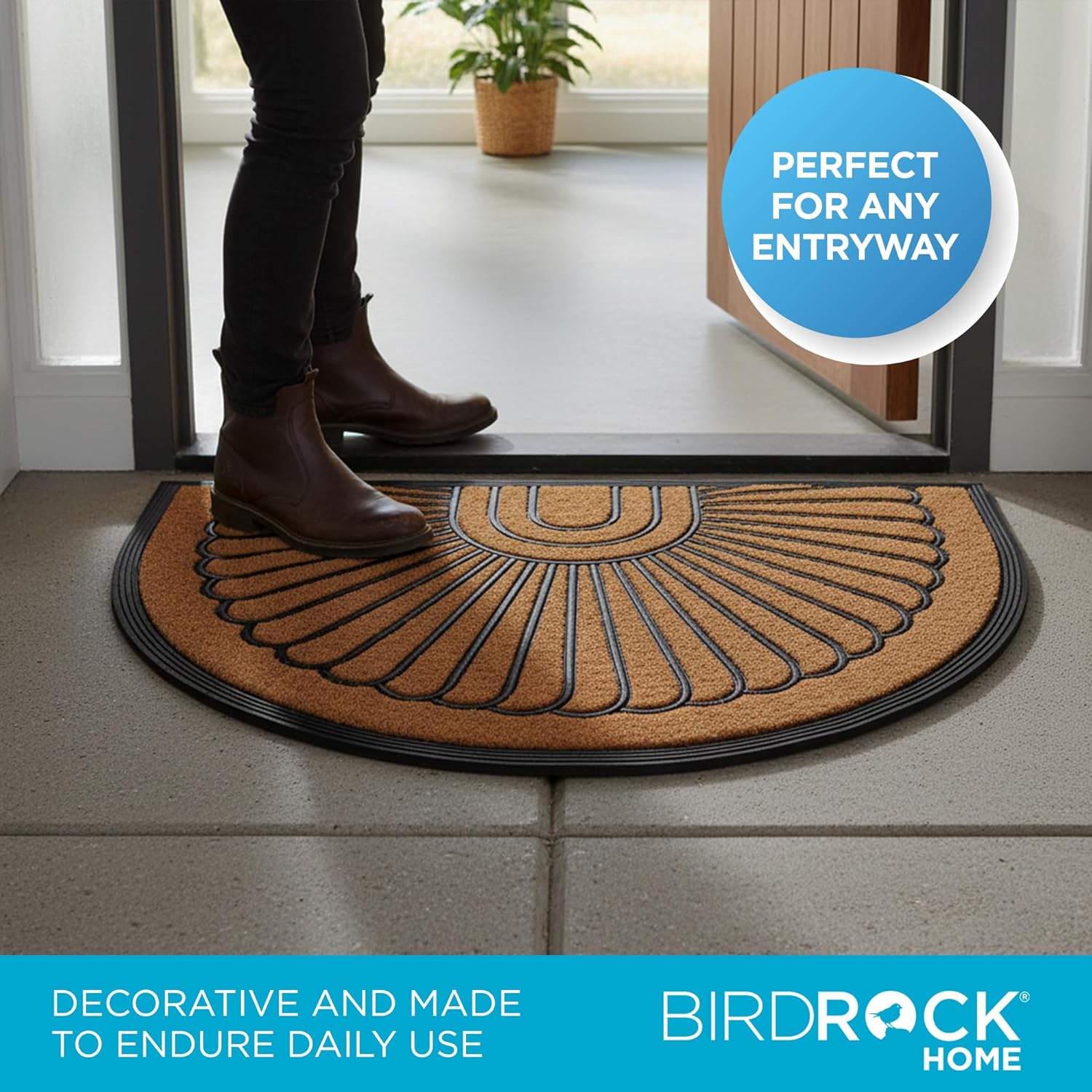 BIRDROCK HOME 24 x 36 Half Round Natural Coir and Rubber Doormat | Natural Fibers | Outdoor Doormat | Keeps Your Floors Clean | Decorative Design | Brush Coir