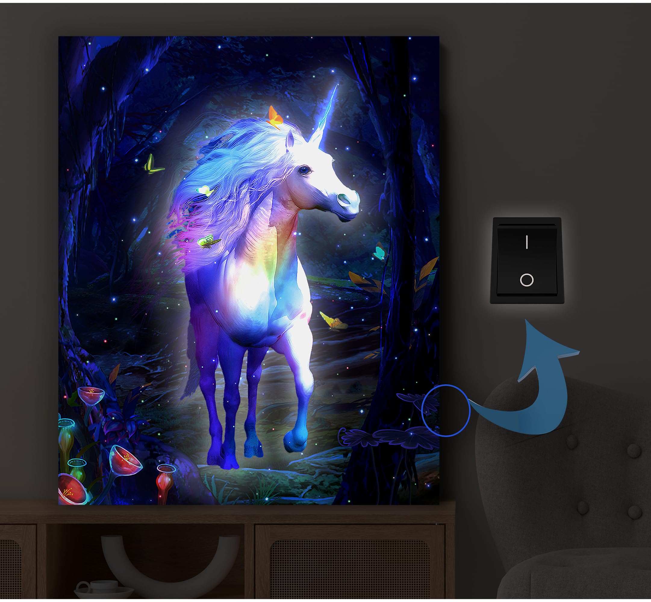 Unicorn Lighted Canvas Wall Art LED Framed Picture with Timer, Battery Operated Poster Anxiety Relief Bedroom Decoration Home Decor Gift (Shiny Unicorn)