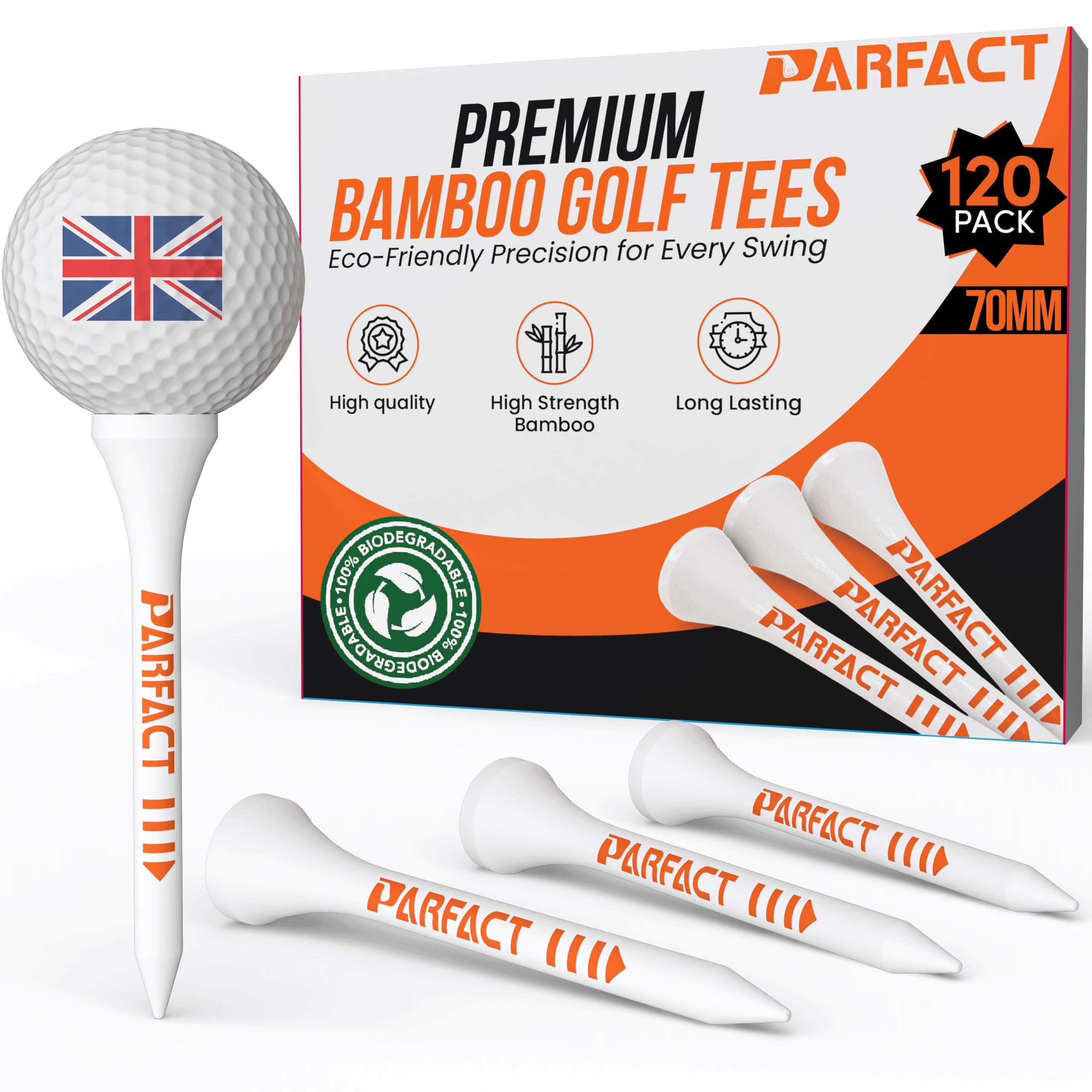 ParFact Golf Tees Wooden | Pack of 120 | Durable Biodegradable Bamboo 70mm Size with Height Markings | Eco-Friendly for Beginners & Pros (WHITE)