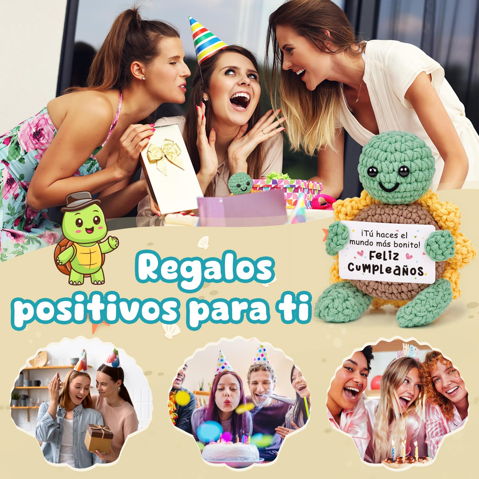 CheriGift Tortuga Girasol Positiva Regalo Cumpleaños Mujer Hecha a Mano 7x5x10 cm