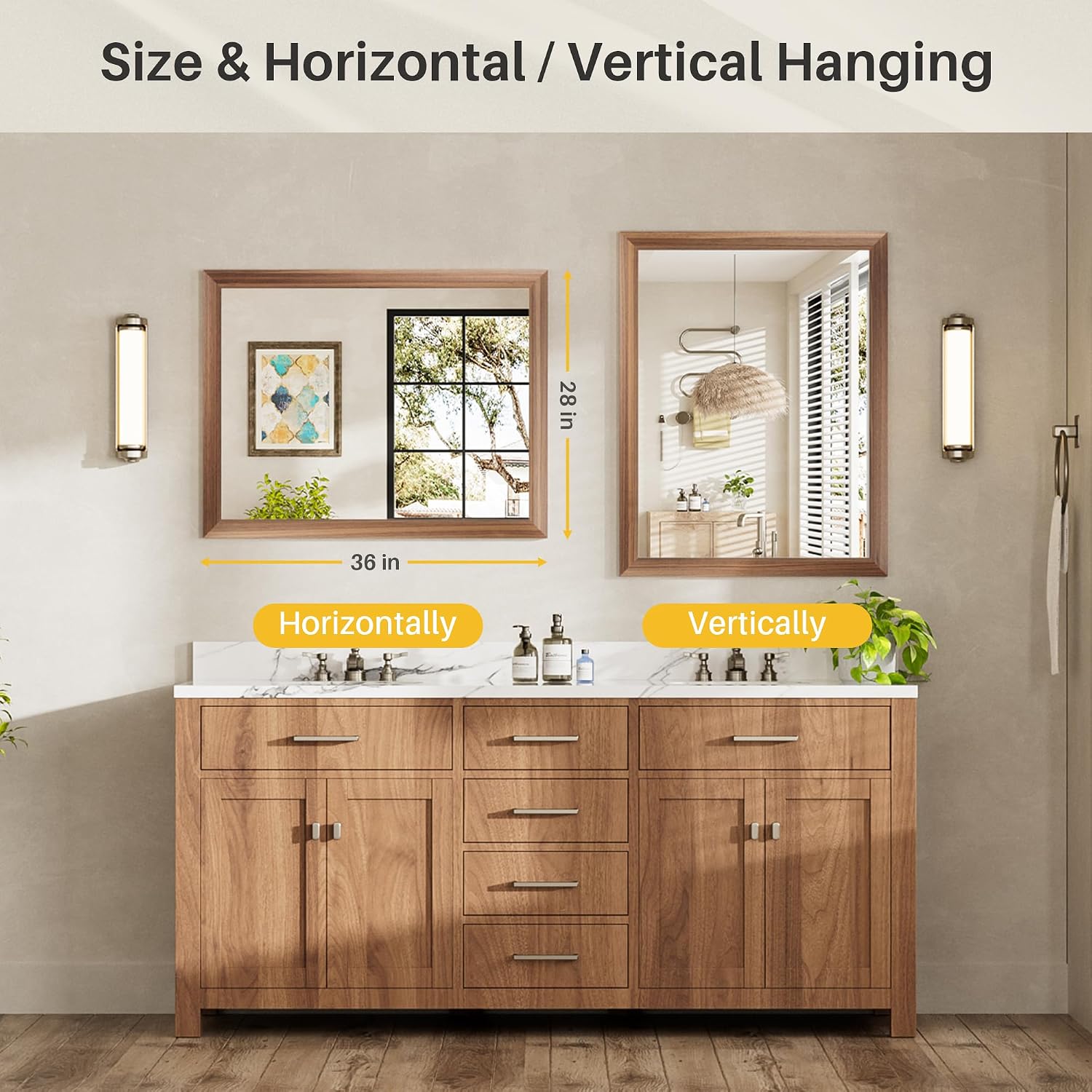 28x36 Inch Bathroom Mirror for Wall, Anti-Rust Walnut Wood Grain Metal Framed Bathroom Mirrors for Over Sink,Rectangler Mirrors for Bathroom Vanity, Farmhouse, Bedroom, Living Room, Entryway Decor