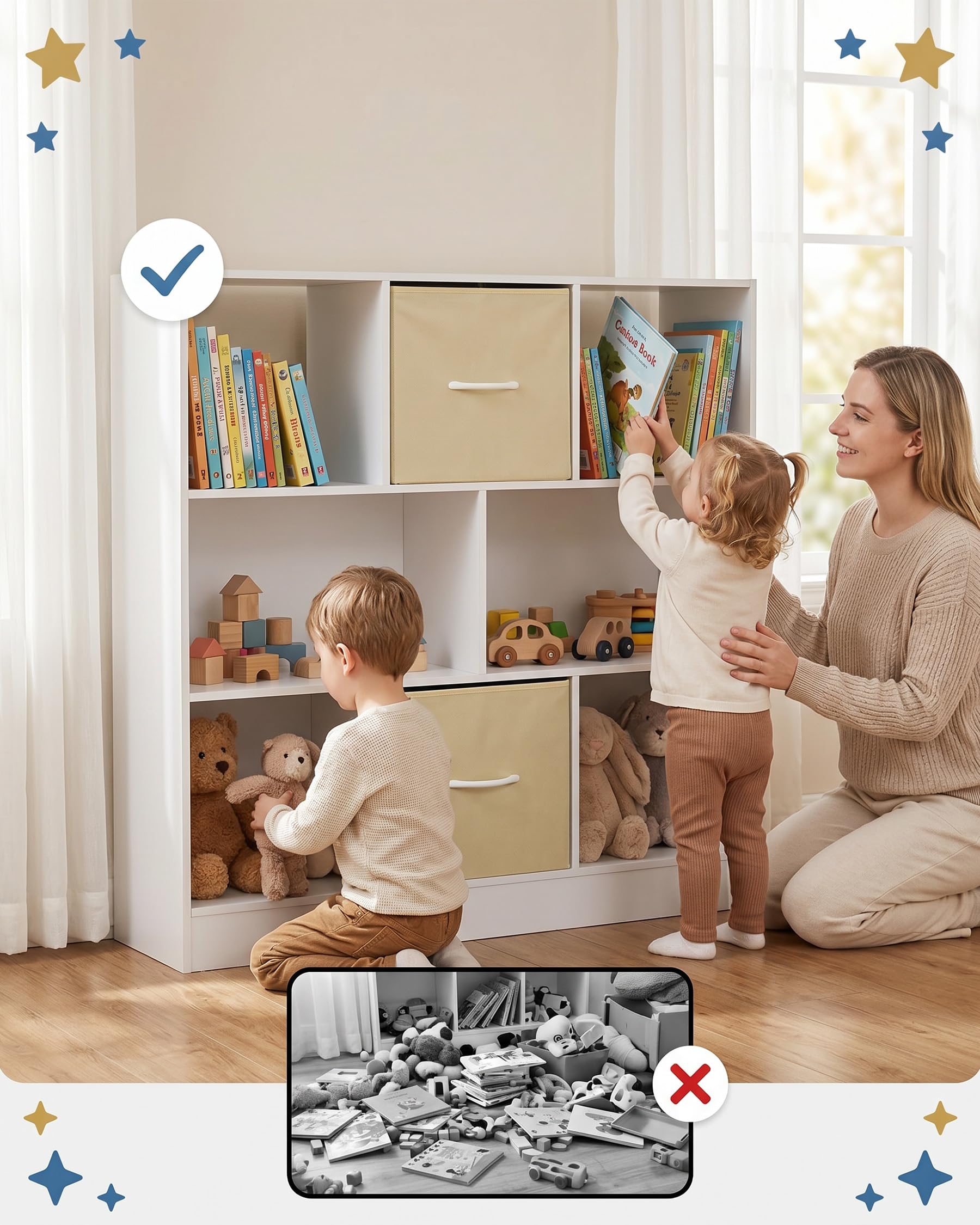 Estanteria Infantil y Juvenil Estanteria Libros Infantil con 2 Cajones de Tela Mueble Organizador Juguetes Multiuso para Habitacion y Salon Estructura Estable 97.5 x 30 x 100 cm Blanco