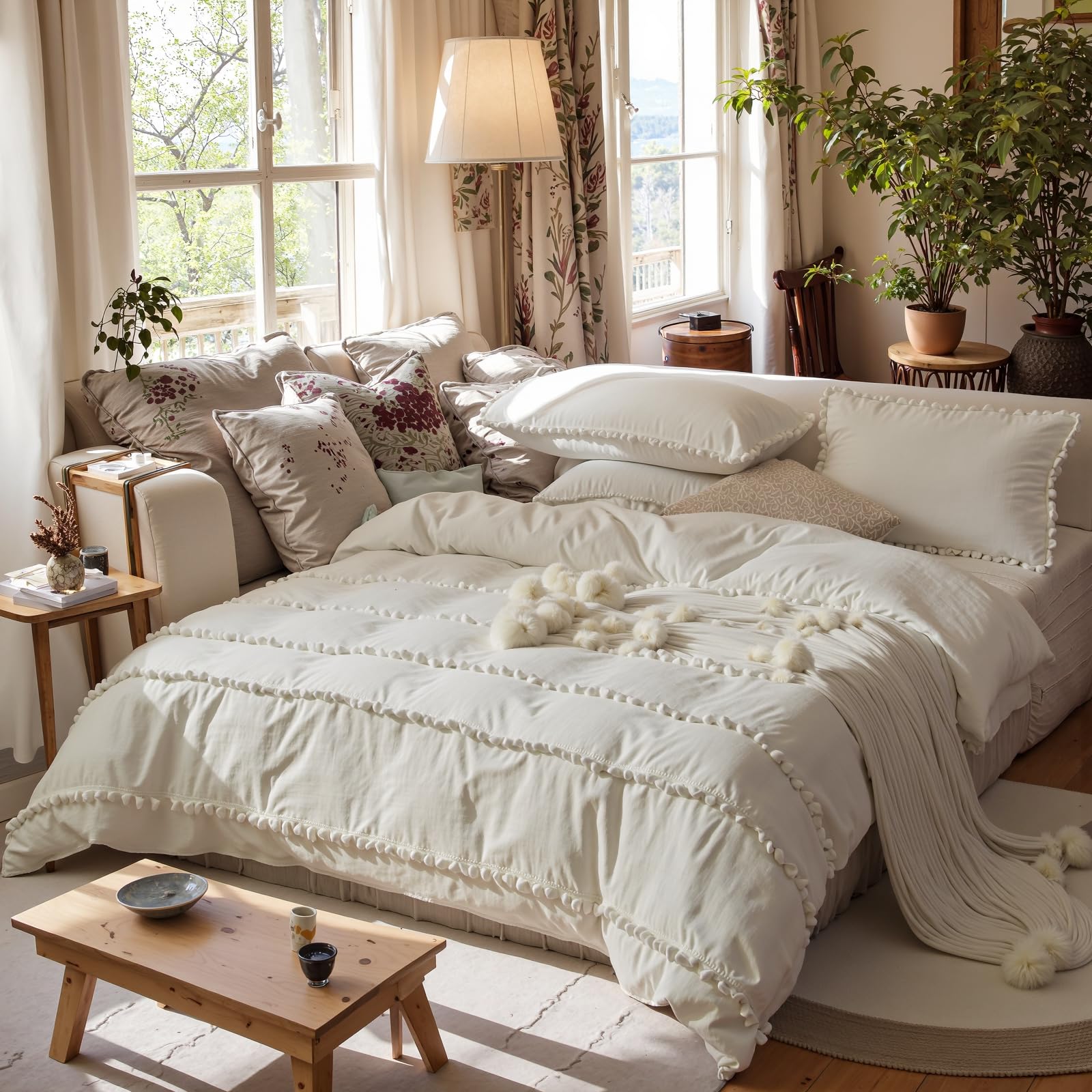 Herside White Pom Poms Duvet Cover Super King Microfiber Quilt Cover Set Shabby Chic Design Boho Bedding Set with 2 Pillowcases (White), UK Super King