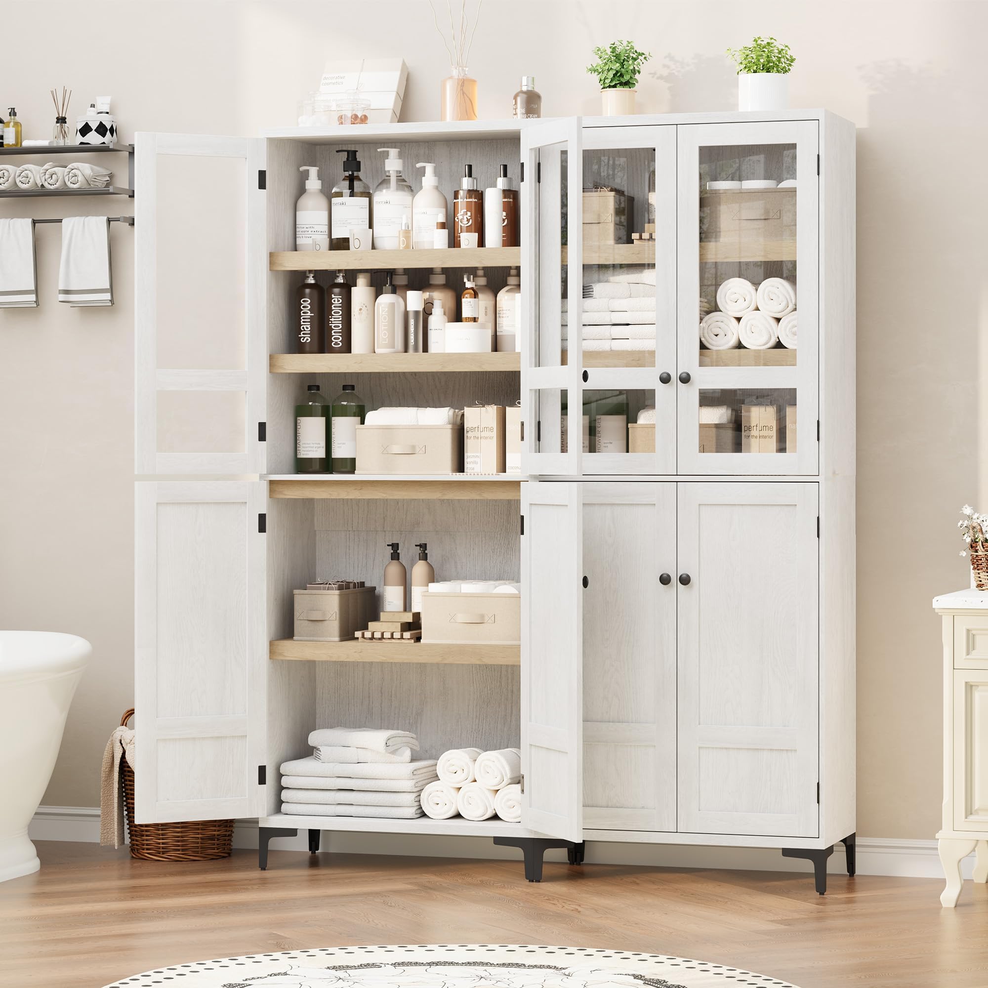 Garvee Armadio Alto 180 Cm, Mobile Contenitore 5 Ripiani Con 4 Ante, Ripiani Regolabili, Dispensa in Legno Salvaspazio Stretta Per Bagno, Cucina, Soggiorno e Sala Da Pranzo
