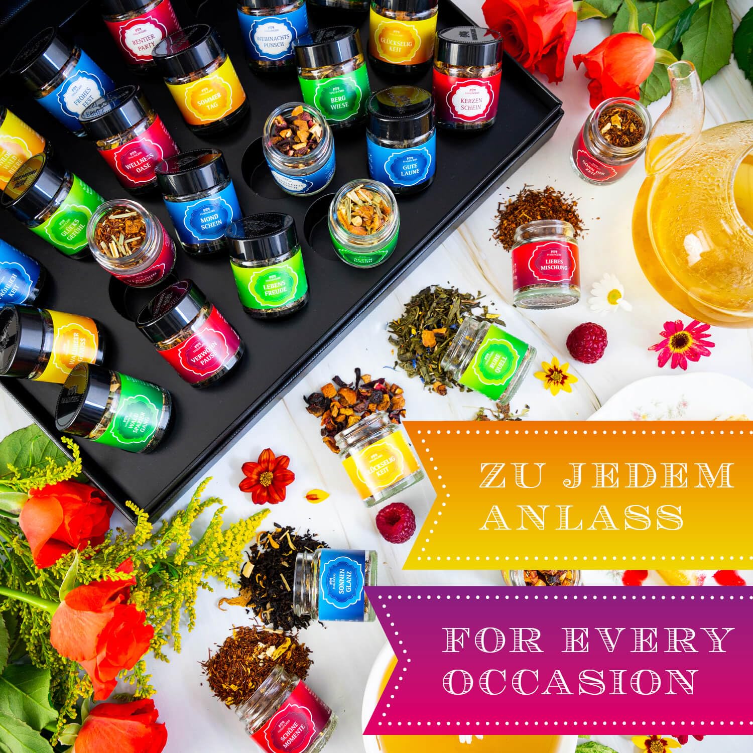 Hallingers Genuss Manufaktur Tee Geschenk-Set - 24 Sorten premium loser Tee Probierset in edler Geschenkbox mit Rezept-Booklet "Tee Deluxe Sele...", Geschenkidee für Frauen Männer