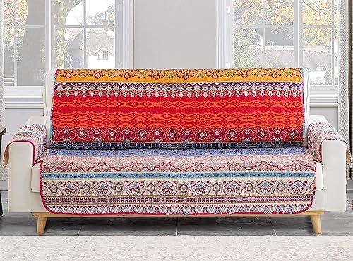 Yiran Funda de sofá con diseño bohemio de mandala y rayas coloridas, protector de muebles para mascotas y niños, con correas elásticas, 4 cojines