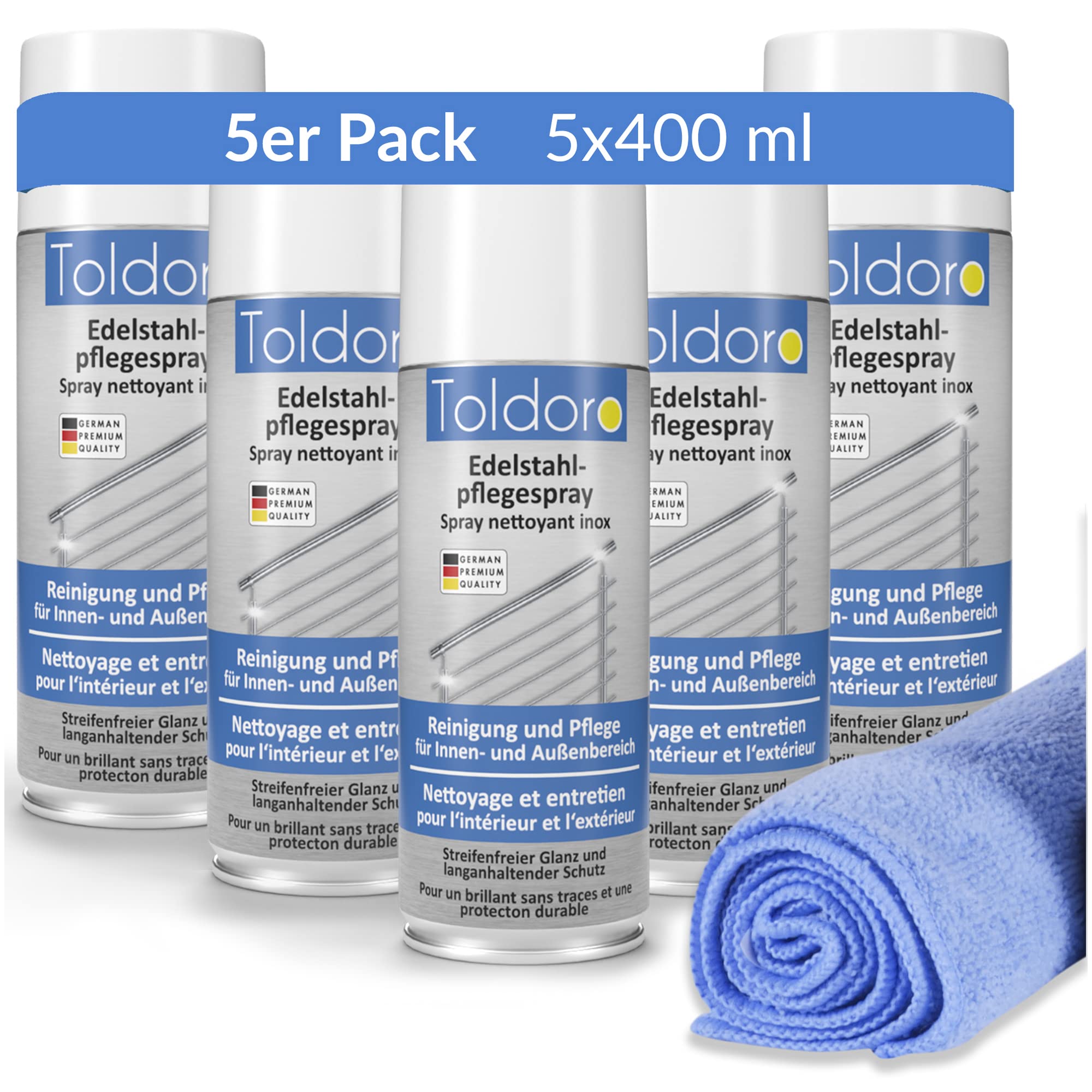 Toldoro Set aus 5x Edelstahl Pflegespray 400ml & 1x Mikrofasertuch 40x40cm / Edelstahl Reiniger für Grill, Küche/Edelstahlpflege Spray als Edelstahl Reinigungsmittel inkl. Reinigungstuch