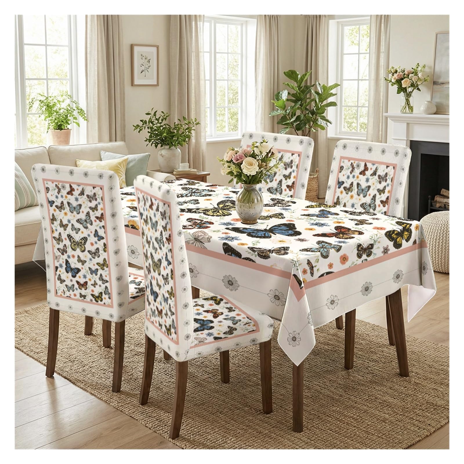 KXUAUV Colorful Butterfly Print Stretch Dining Chair Covers & Tablecloth Set, 5/7 Pack Party Decor(5pcs Set: Tablecloth+Chair Covers)