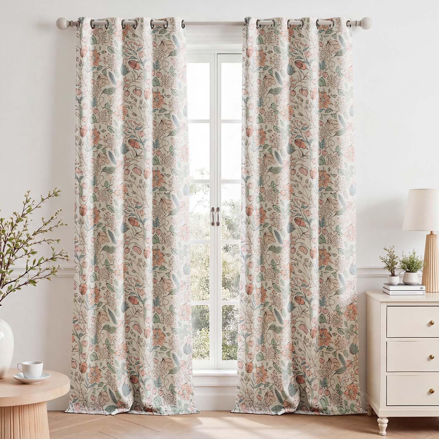 Vangao Tenda oscurante per camera da letto, soggiorno, finestra, floreale, rosa, verde, moderna, 132 x 260 cm, set di 2 tende in stile bohémien, opache, vintage, con occhielli