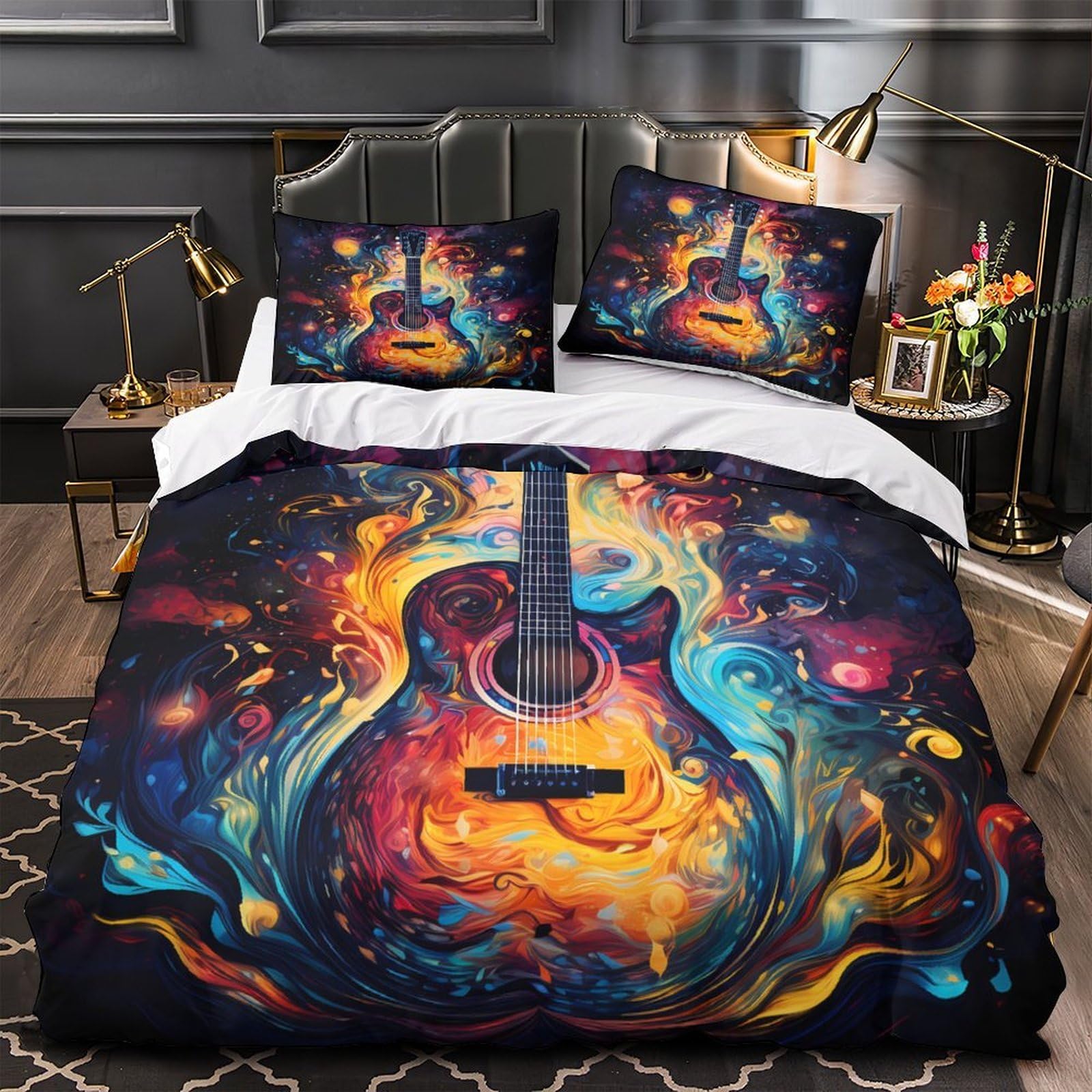 Parure de lit guitare ado fille avec taie d'oreiller assortie en microfine saine