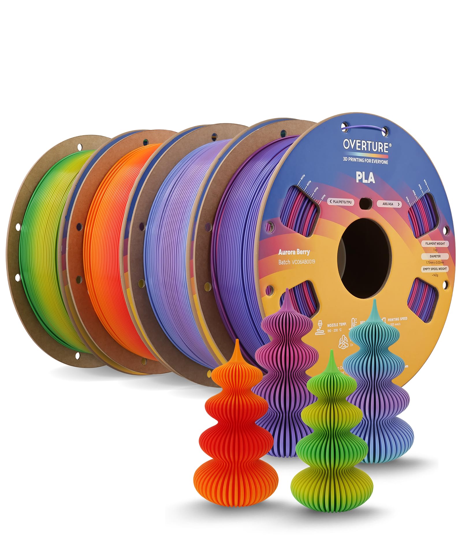 OVERTURE Lote de 4kg de Filamento PLA para Impresora 3D, Filamento PLA Arcoíris 1,75 mm, 1kg por Carrete de Cartón (Baya aurora+Auroras boreales+Amanecer tequila+Aguacate)