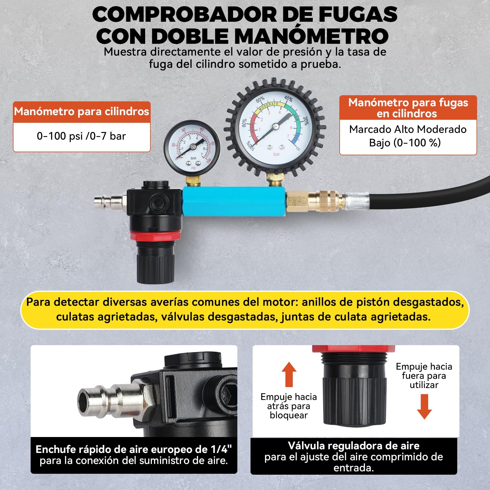 46PCS Comprobador de Compresión y Fugas para Motores de Gasolina y Diésel,Probador de Compresión Automotriz, Medidor de Presión de Fugas de Cilindros para Motores HDi, TDCi y Pumpe Duse