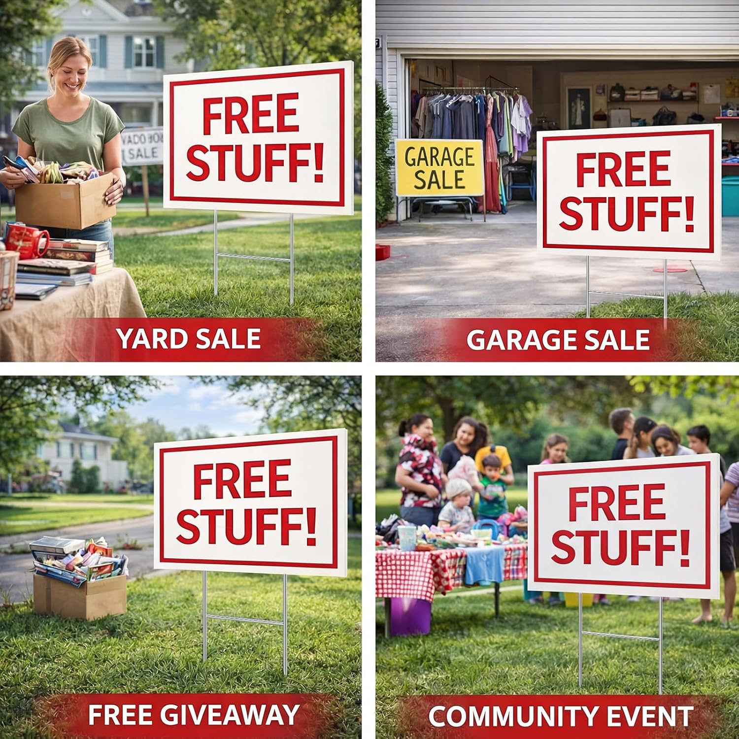 2 Pcs 18x24 Inch Free Stuff Yard Road Sign with H-stakes Double Sided Corrugated Plastic Yard Sign with Stand Weatherproof Lawn Marker for Outdoor Sales Advertising (red/white)