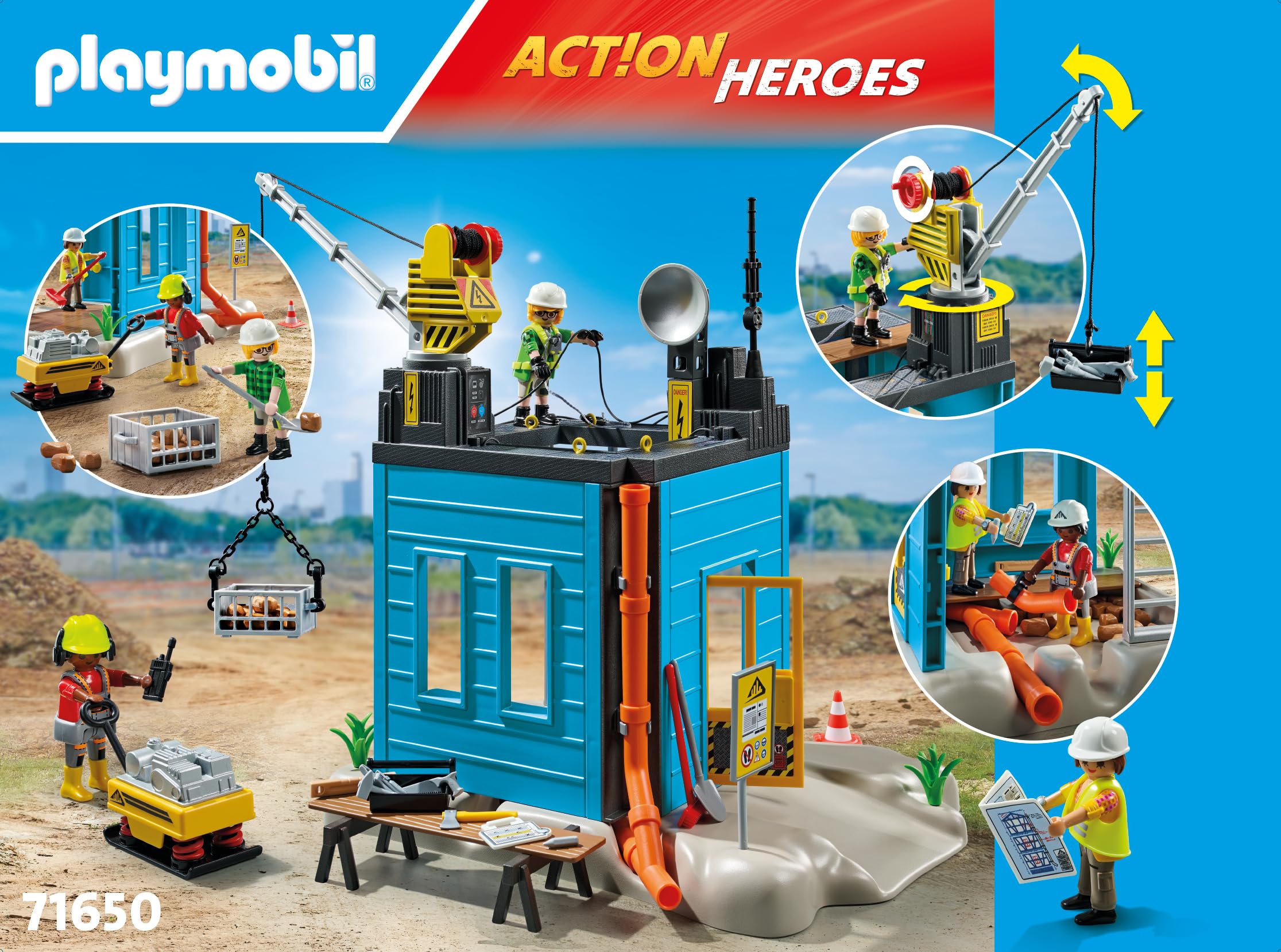PLAYMOBIL Action Heroes Promo Pack 71650 Plac budowy, w zestawie trzy figurki, ruchomy dźwig i wiele dodatkowych akcesoriów, zestaw odpowiedni dla dzieci od 4 roku życia