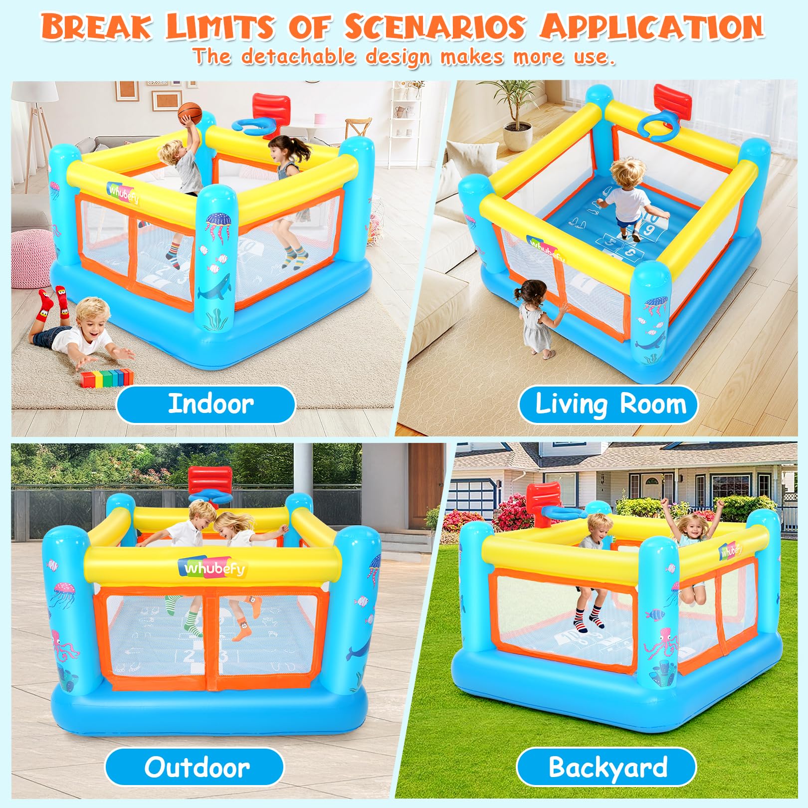 AKEYDIY Hüpfburg, PVC-Springburg für Kinder von 3-6 Jahren, Indoor-Hüpfburg mit herausnehmbarem Bällebad, Basketballkorb und Hüpfspiel, inklusive Luftpumpe