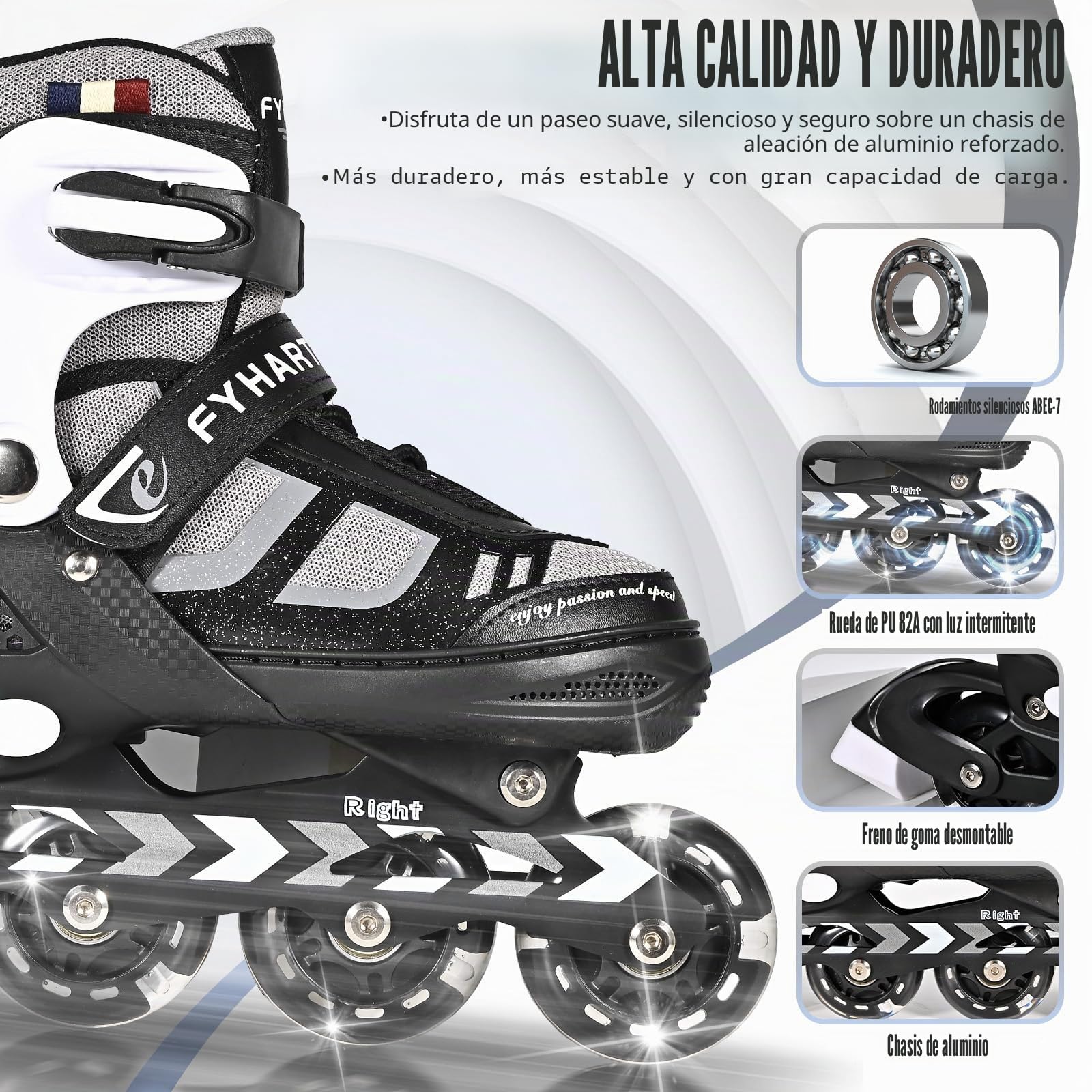 Patines en línea Ajustables para niños y niñas, Patines en línea de 4 Ruedas para Adolescentes y Adultos con Ruedas Luminosas para Deporte, Negro y Blanco