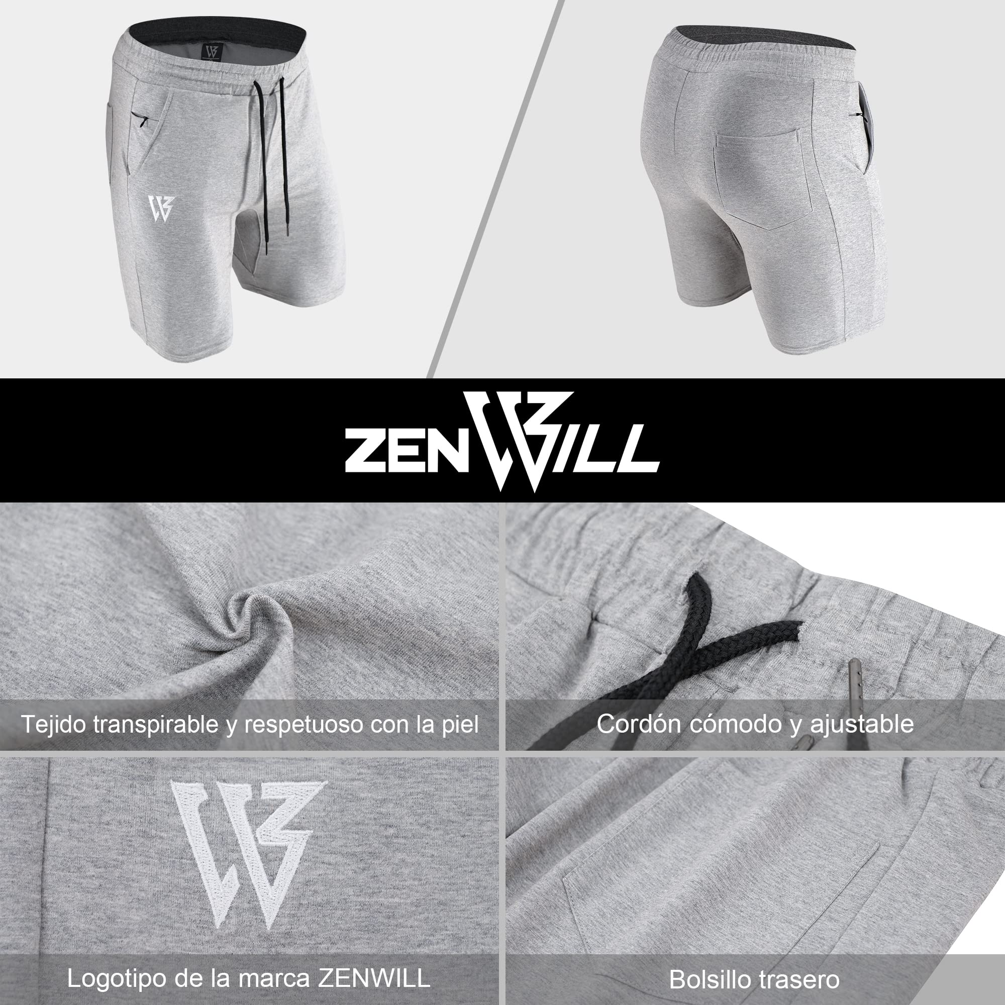 ZENWILL Pantalones Cortos Hombre Cremallera Oculto Algodón Gimnasia