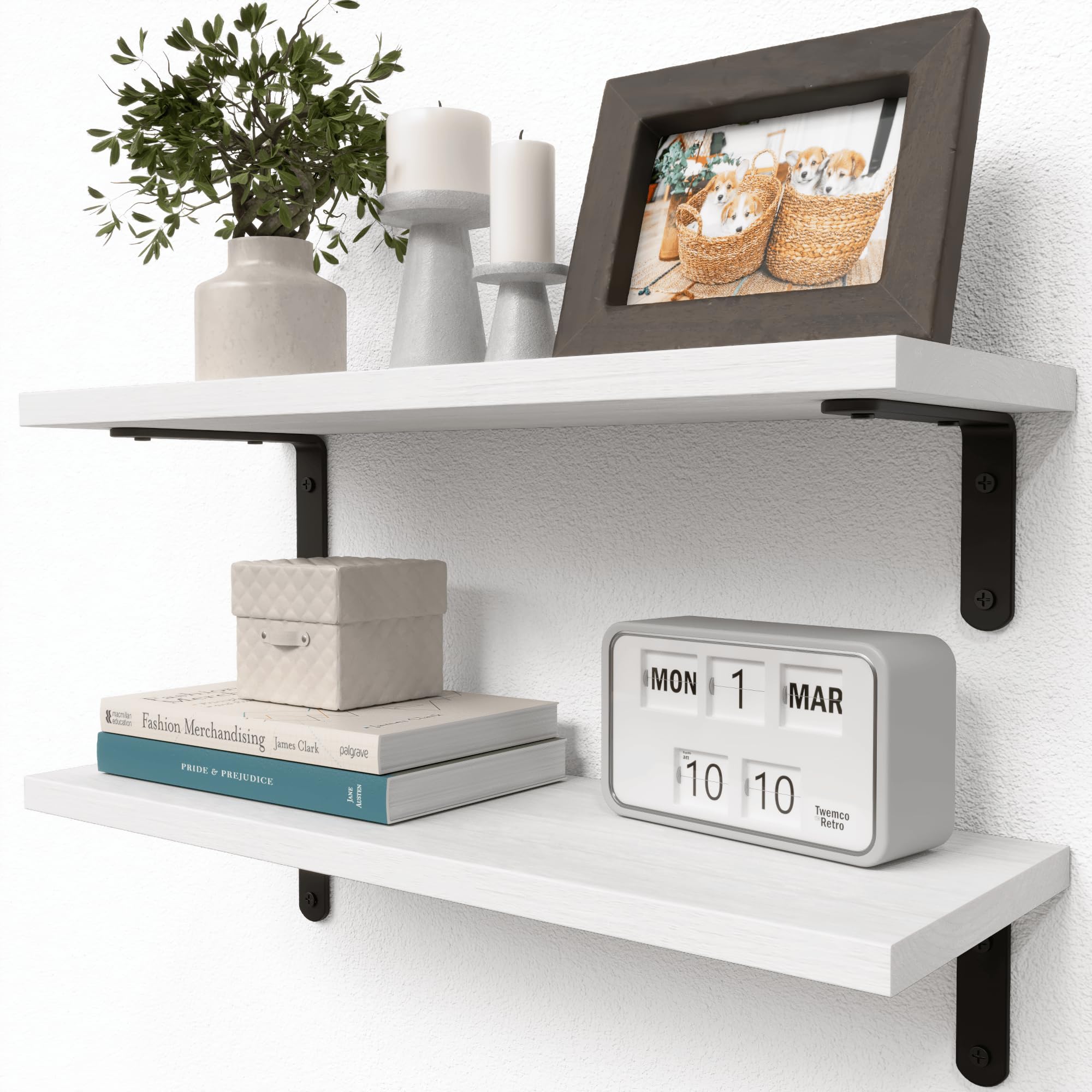 RICHER HOUSE Floating Wall Shelves, Rustic Wood Bathroom Shelves Set of 2, Farmhouse Style Shelf for Décor, Hanging Bedroom, Storage, Kitchen, Living Room - White