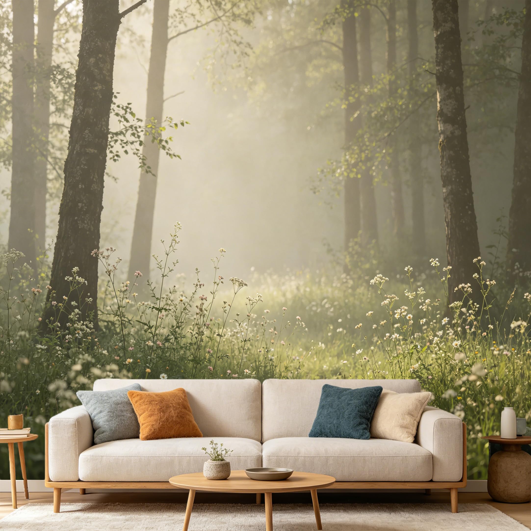 Custom Size Wall Mural Misty Forest Morning Sunlight Wildflowers Landscape SelfAdhesive Art Prints wall Fabric（No PVC） Removable Wallpaper Home Bedroom Decor