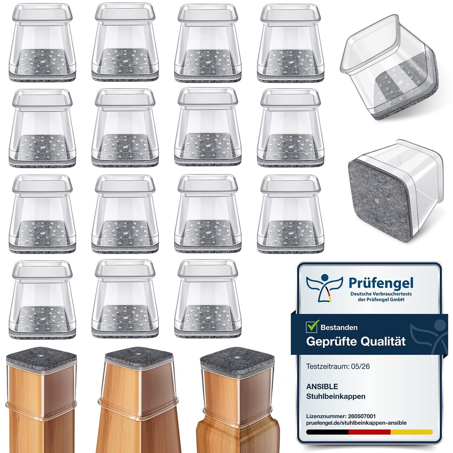 Gommini Per Sedie Quadrati, 24 Pezzi Feltrini per Sedia in Silicone Trasparente con Feltro, Antigraffio in feltro per sedie, tappi protettivi per gambe di per pavimenti in Legno(Fit:27-39mm)