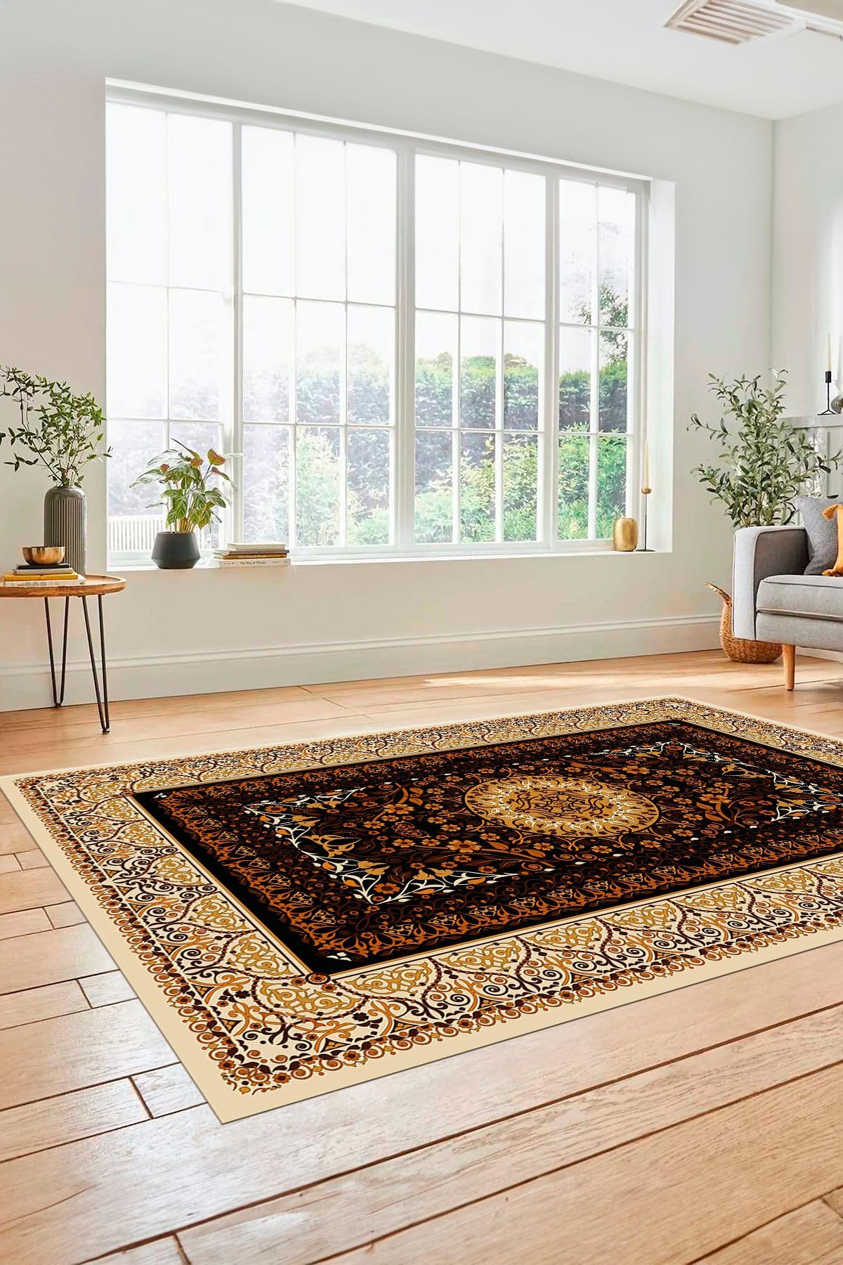 Evdeya Şık Klasik Desen Dijital Kaymaz Taban Yıkanabilir Yolluk Mutfak Salon Halısı KLASİK-14, Kahverengi, 100 x 250
