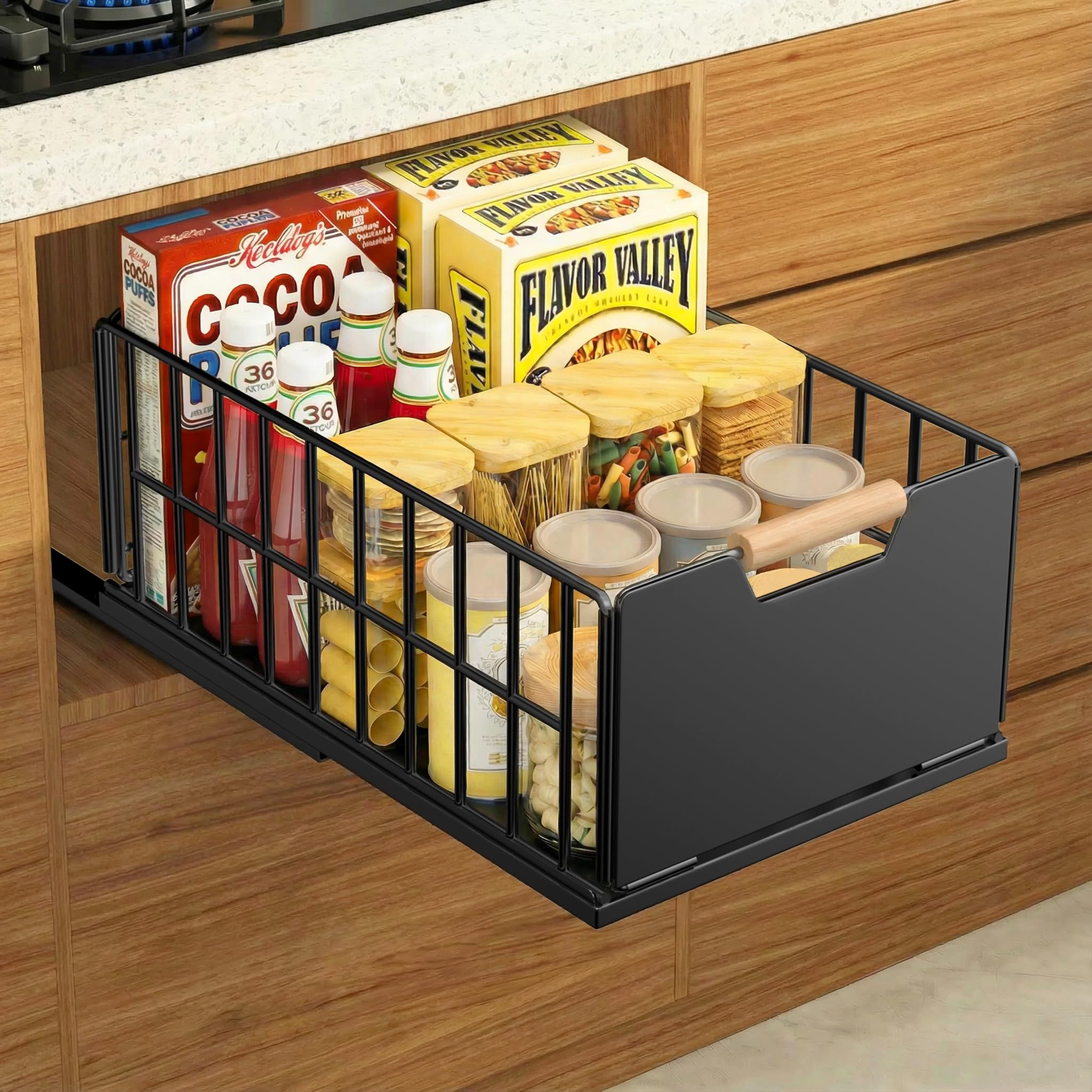 Cajones extraibles para Cocina, rganizador de telescopico cajones tallering con guías para cajones y manija de madera, cajón extraíble de metal para gabinetes de Cocina - 40 L x 25 W x 18 H CM