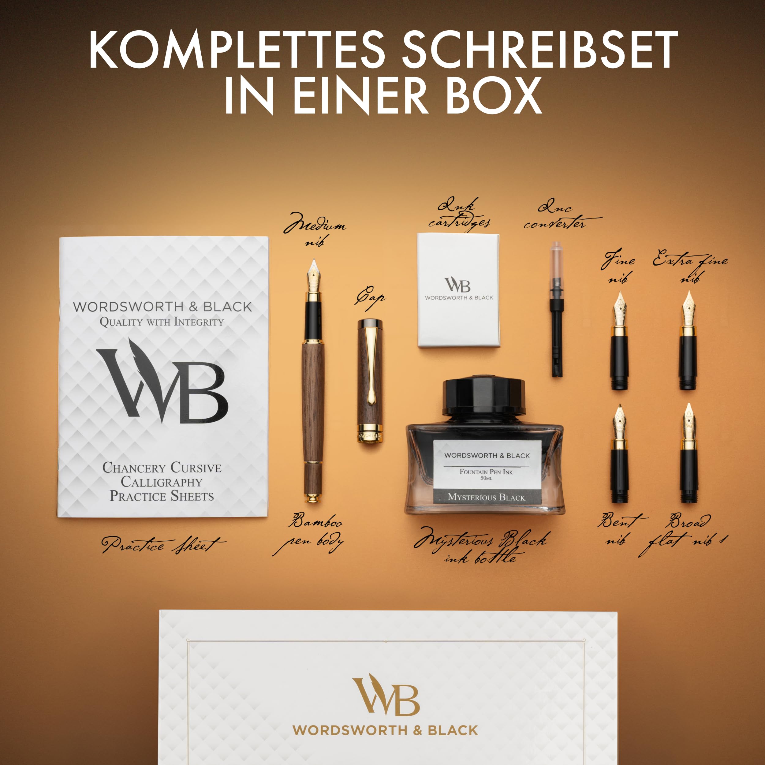 Wordsworth & Black Füllfederhalter-Geschenkset Holz, Bambus, 4 Federn | Füllfederhalter, Kalligrafie, Tintenfass + 6 Tintenpatronen, Konverter, Journaling, Geschenk für Männer & Frauen, Hochwertig